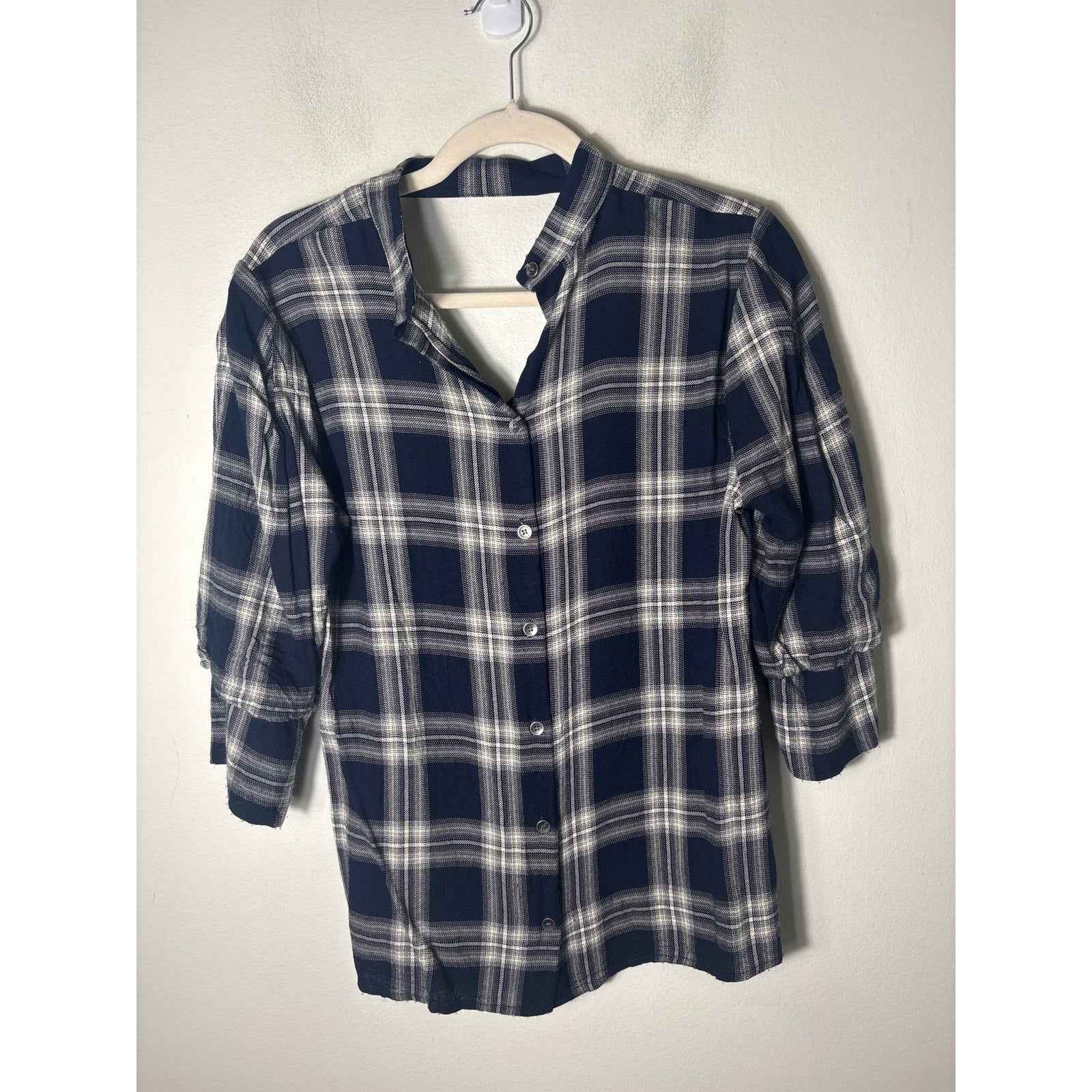 Waverly Gray Navy Blue Large Plaid 3/4 Sleeve Shirt Sz S