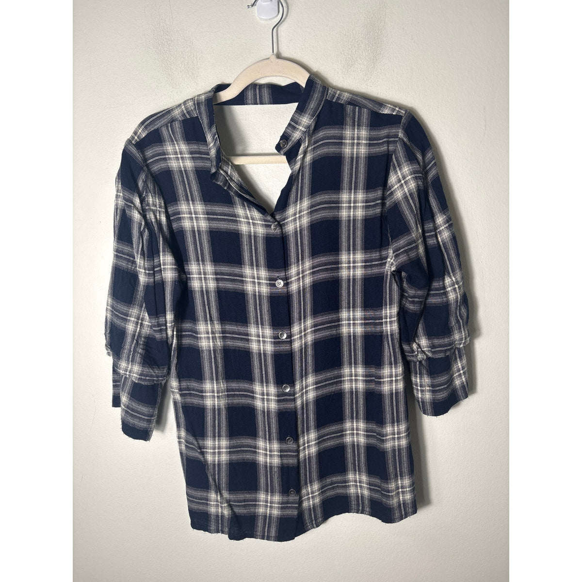 Waverly Gray Navy Blue Large Plaid 3/4 Sleeve Shirt Sz S