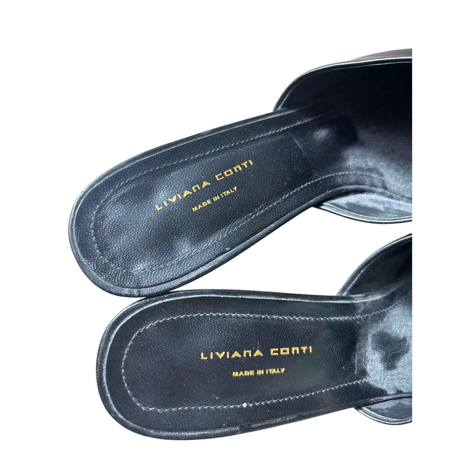 Liviana Black Leather and Silver Slip On Sandal with 2" Heel Sz 38