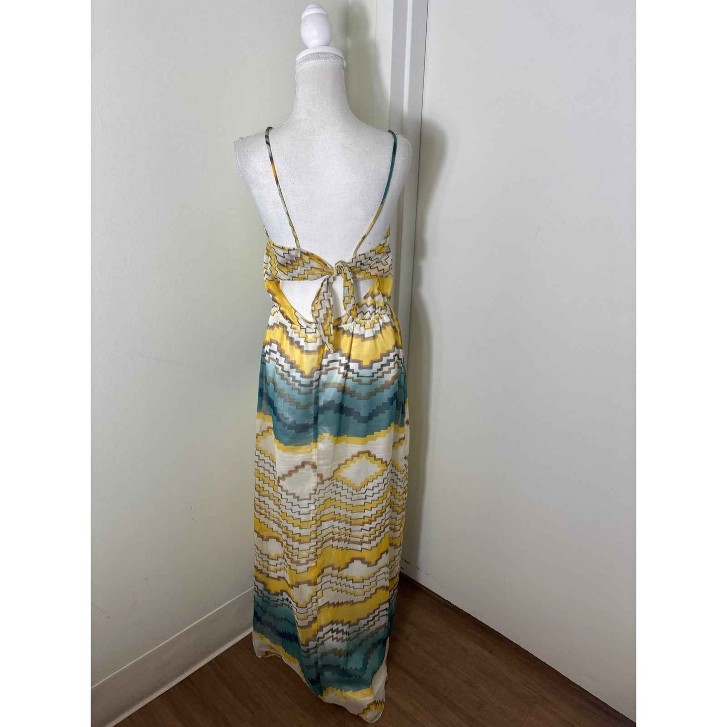 Anthropologie Wendy Katlen Yellow Teal Spaghetti Strap Backless Maxi Dress Sz 4