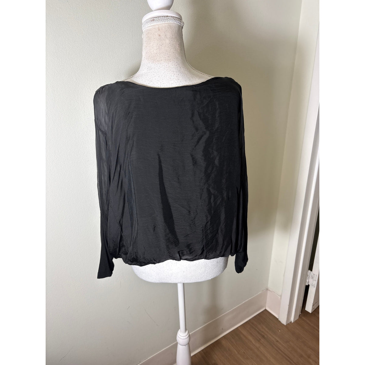 Gigi Moda Black Mixed Media Long Sleeve Blouson Style Top Sz