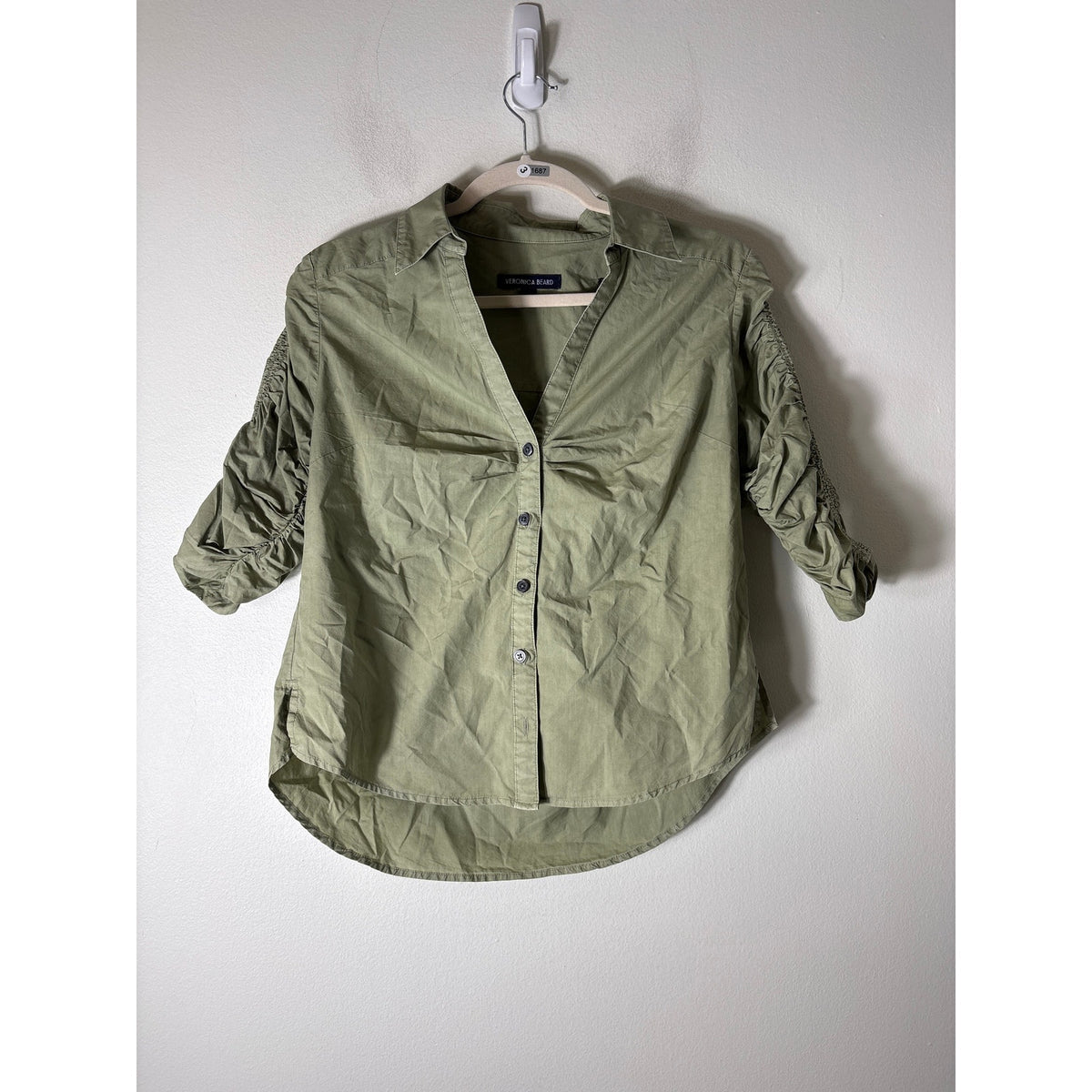 Veronica Beard Moss Green 3/4 Ruched Sleeve Button Up Cotton Shirt Sz 6