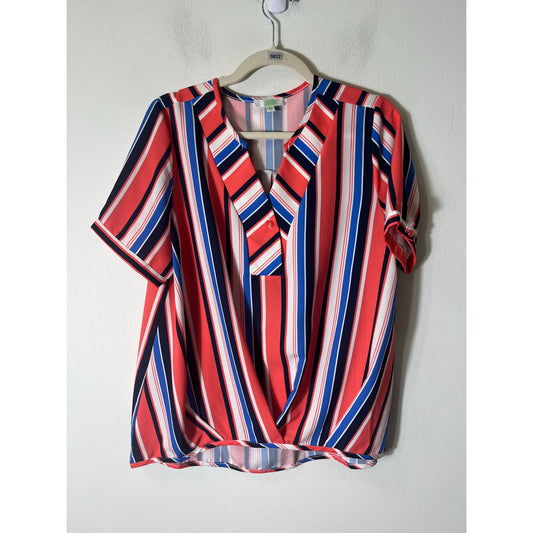 Jade Orange Blue Stripe Short Sleeve V-Neck Blouse Sz M