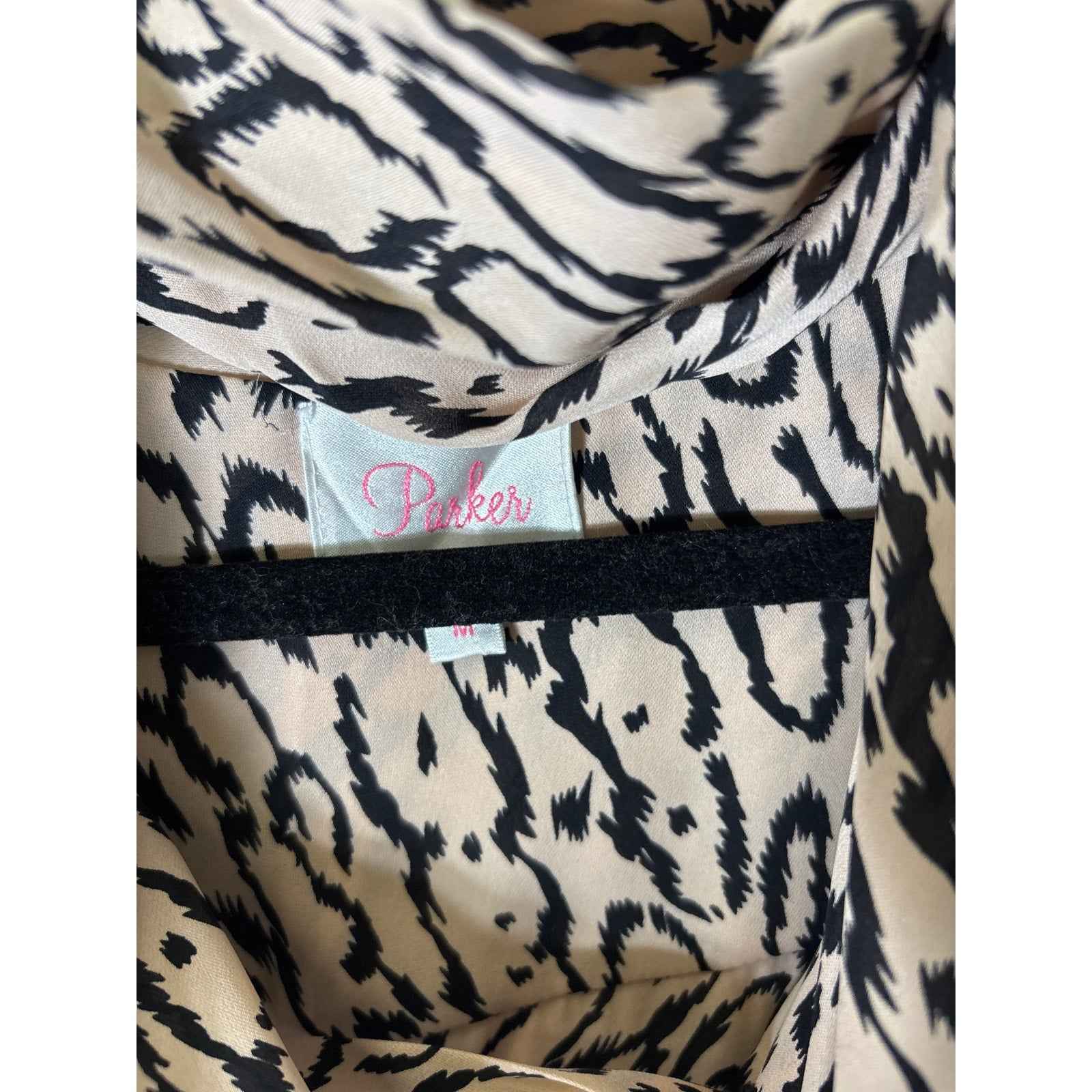 Parker Tan Black Print Silk Sleeveless Knee Length Dress Sz M