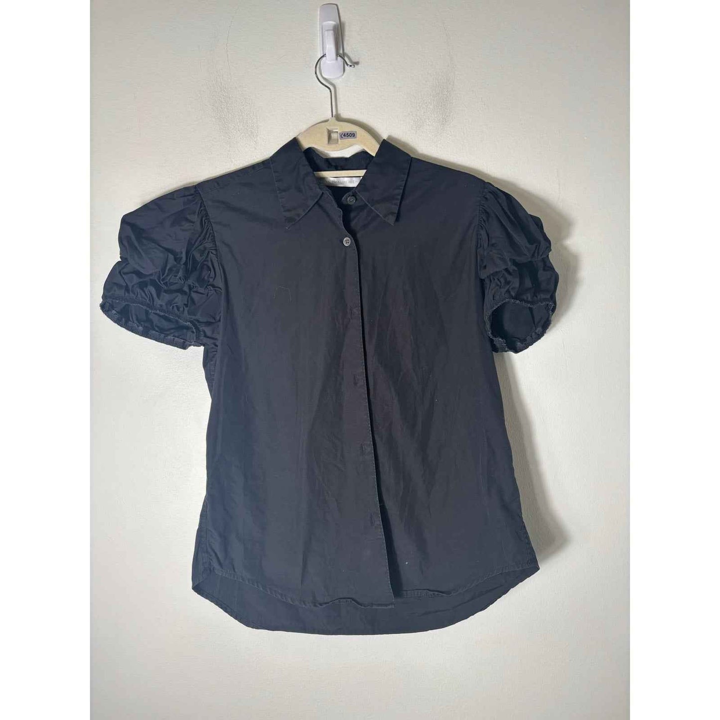Mona Thalheimer Black Short Puff Sleeve Button Up Cotton Shirt Sz  S