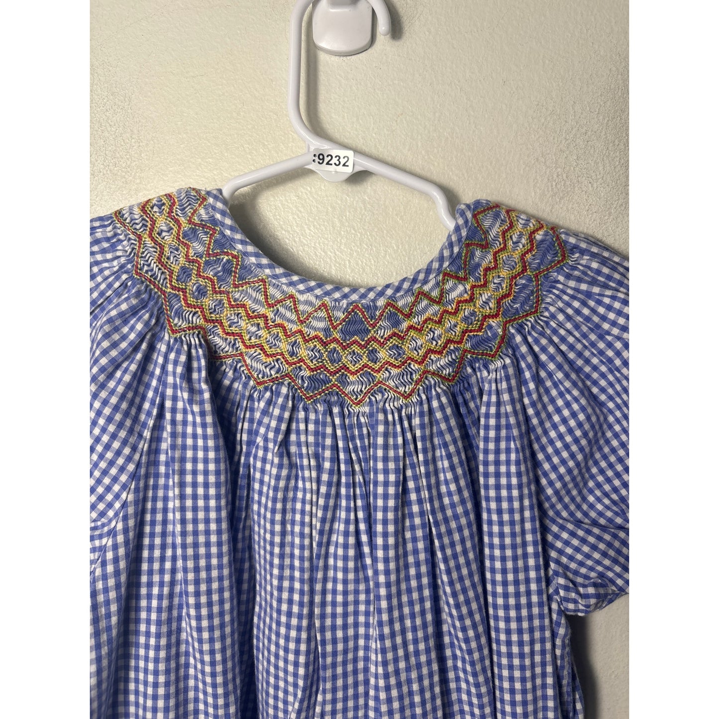 Girls Vintage Blue&White Check puff sleeve Dress Smocked Sz 6x