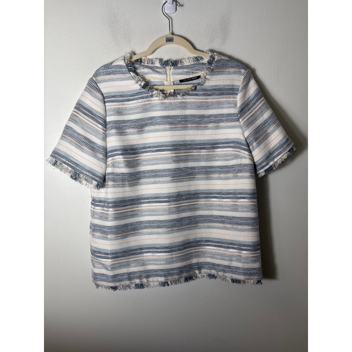 Dolce Cabo Off White Light Blue Stripe Short Sleeve Shirt Sz L