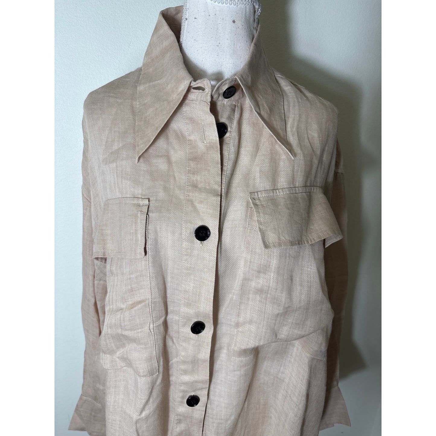 Meimeij Khaki Cotton Button Up Long Sleeve Blouse Sz 42 (large)