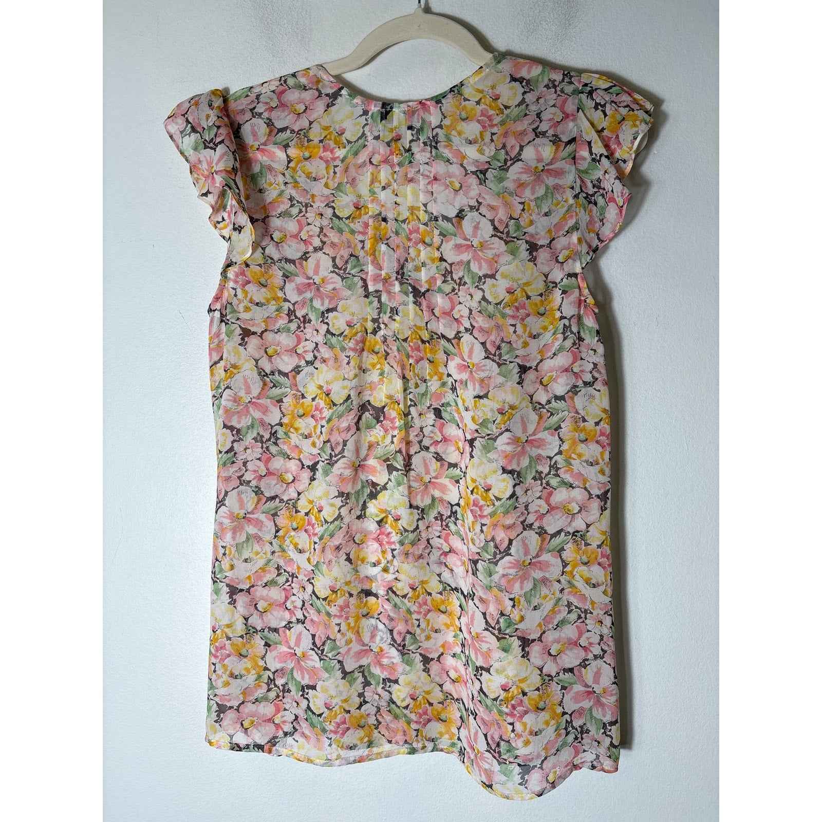Joie Pink Floral Sheer Flutter Sleeve Silk V-Neck Top Sz S