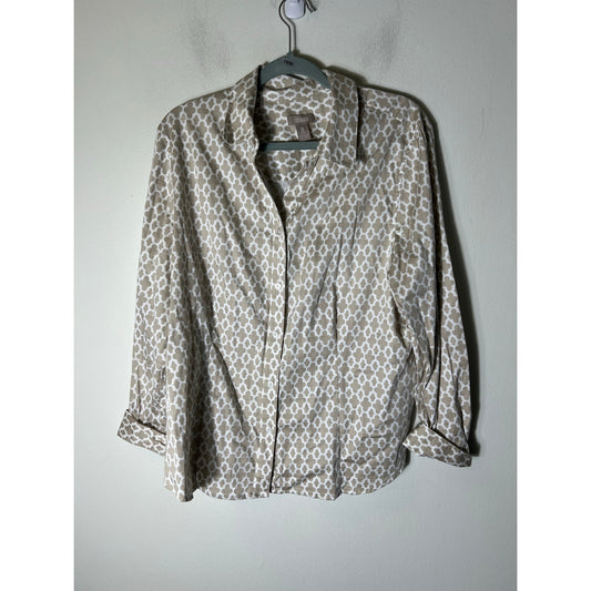 Chico's Tan White Print Long Sleeve Fitted Button Up Shirt Sz 3