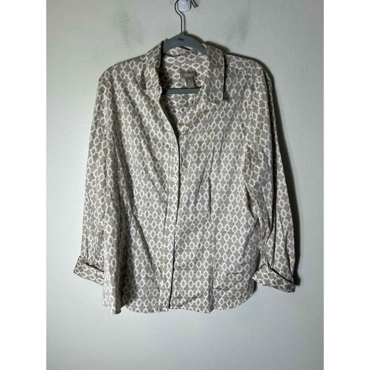 Chico's Tan White Print Long Sleeve Fitted Button Up Shirt Sz 3