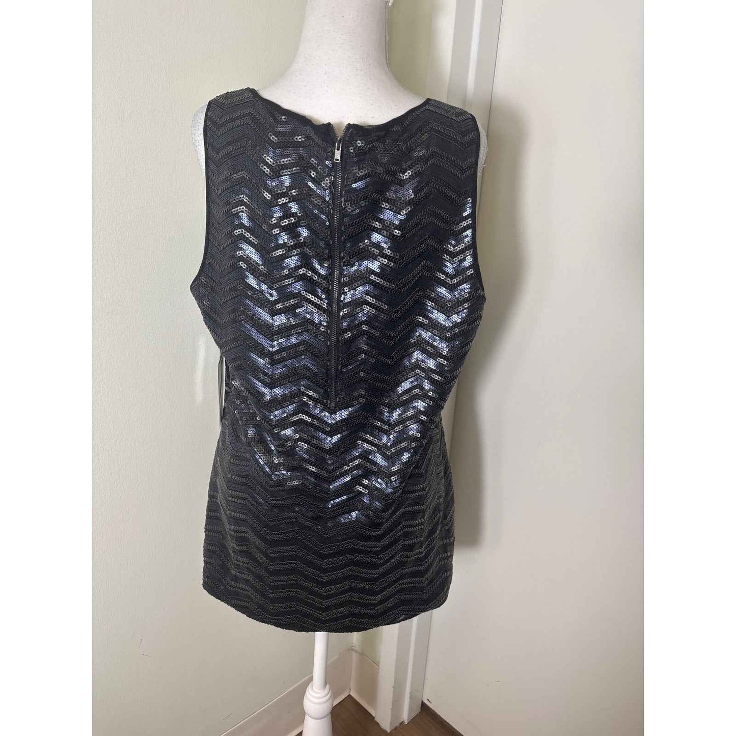 NWT Etcetera Black Sleeveless Sequence Cheveron Cocktail Top Sz XL