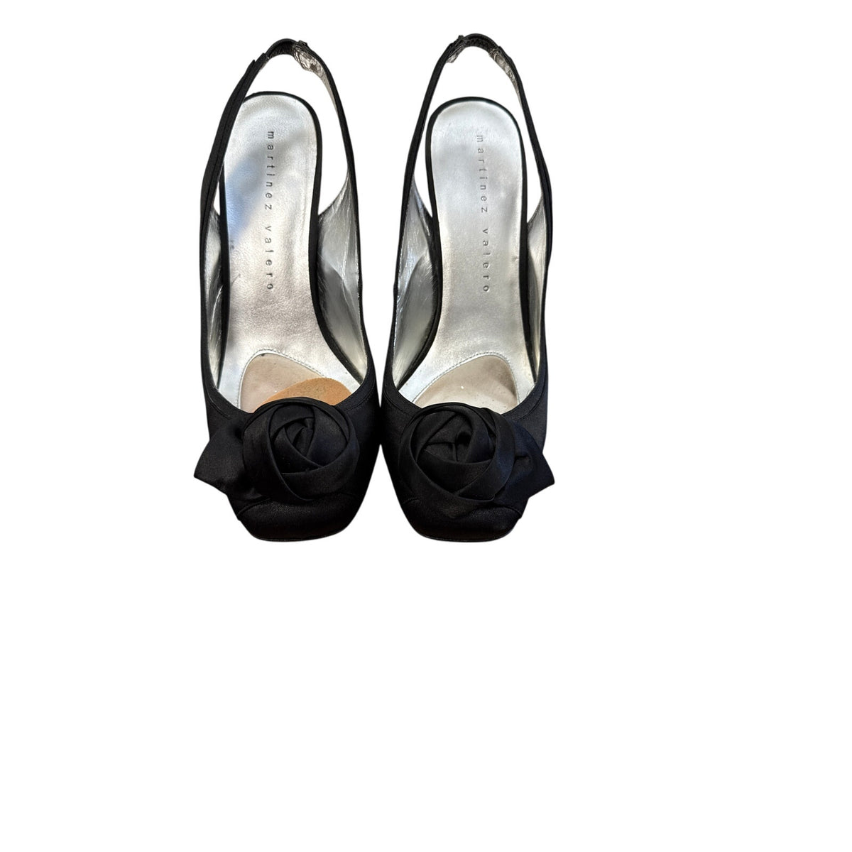 Martinez Valero Black Satin Slingback Rosebud High Heel Sz 9
