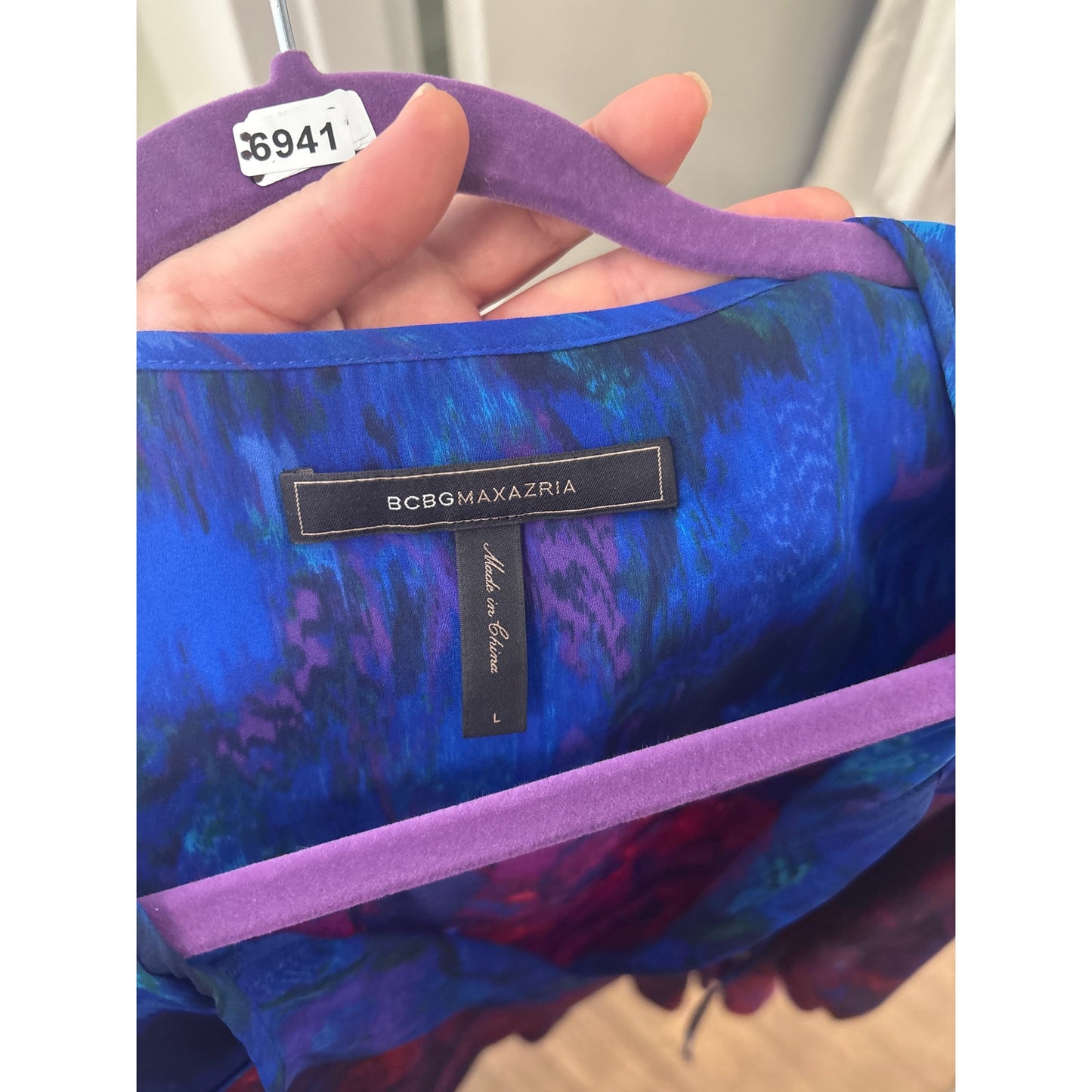 BCBG Purple and Blue Toned Flowy Long Sleeve Dress Sz L