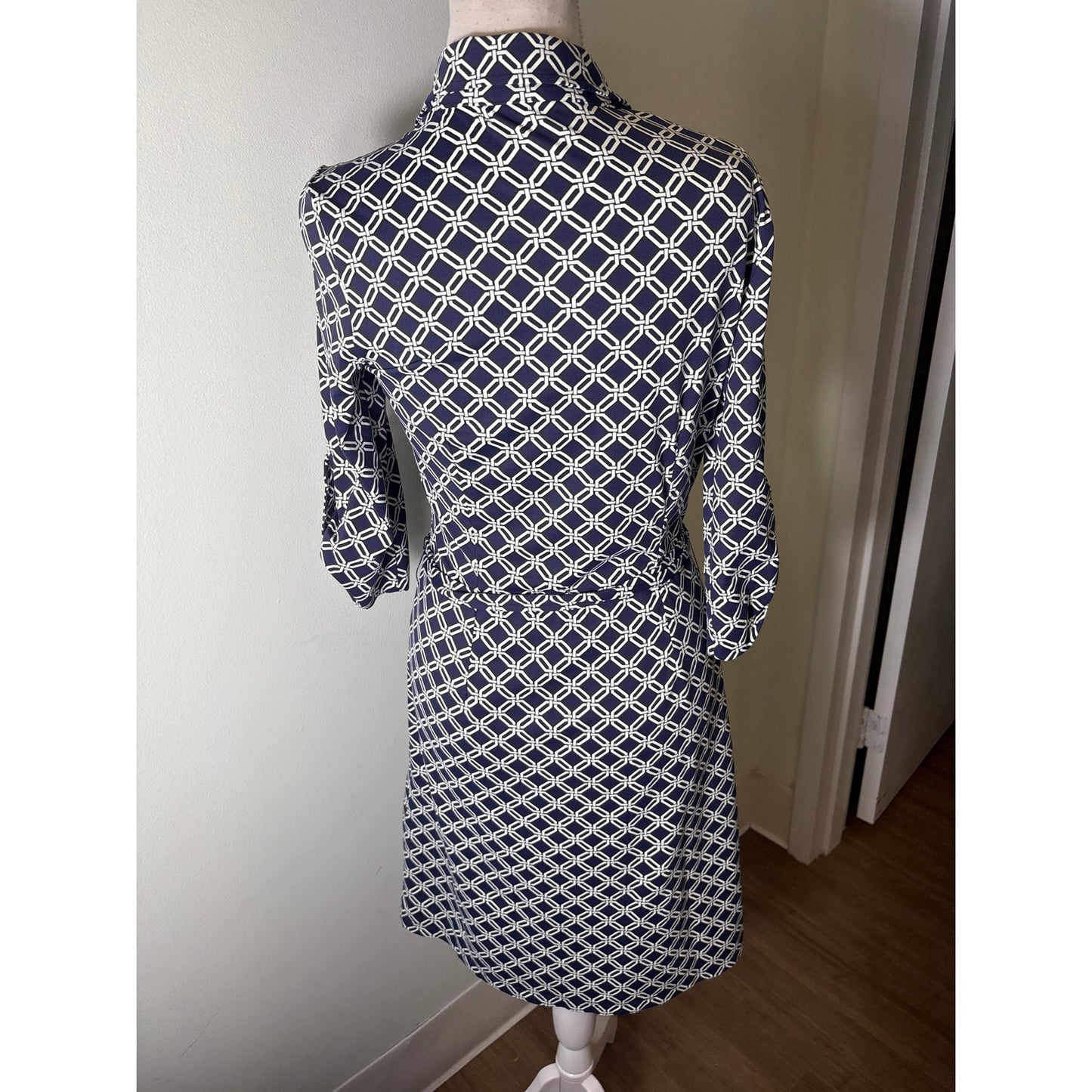 J. McLaughlin Dark Blue White Bamboo Long Sleeve Knee Length Dress Sz XS