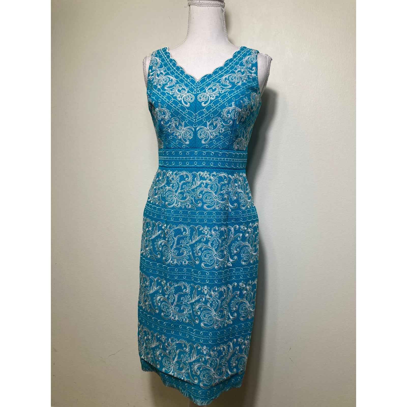 Antonio Melani Teal Blue Embroidered Sleeveless Knee Length Dress Sz 2