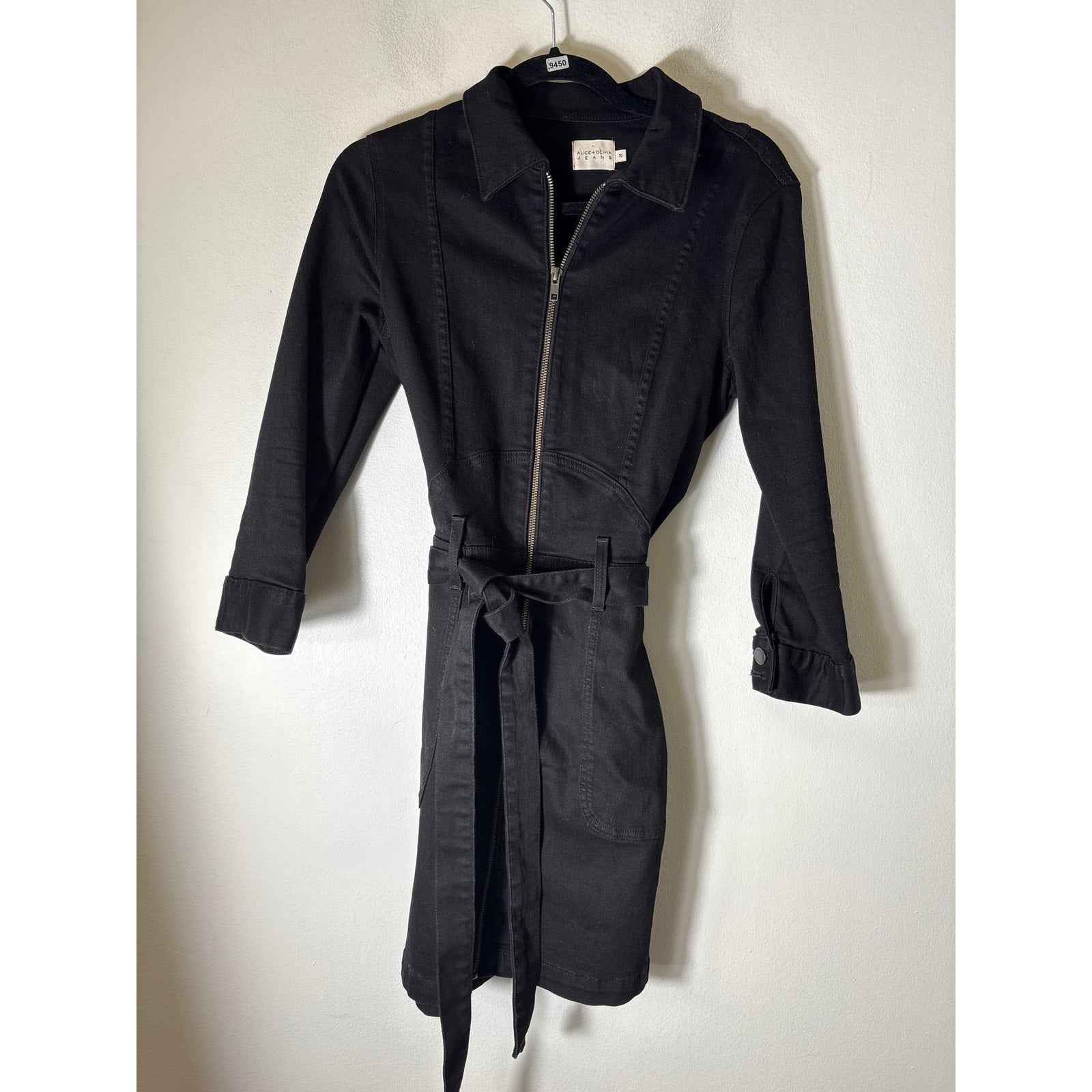 Alice + Olivia Black Denim Long Sleeve Zip Front Mini Dress Sz 10