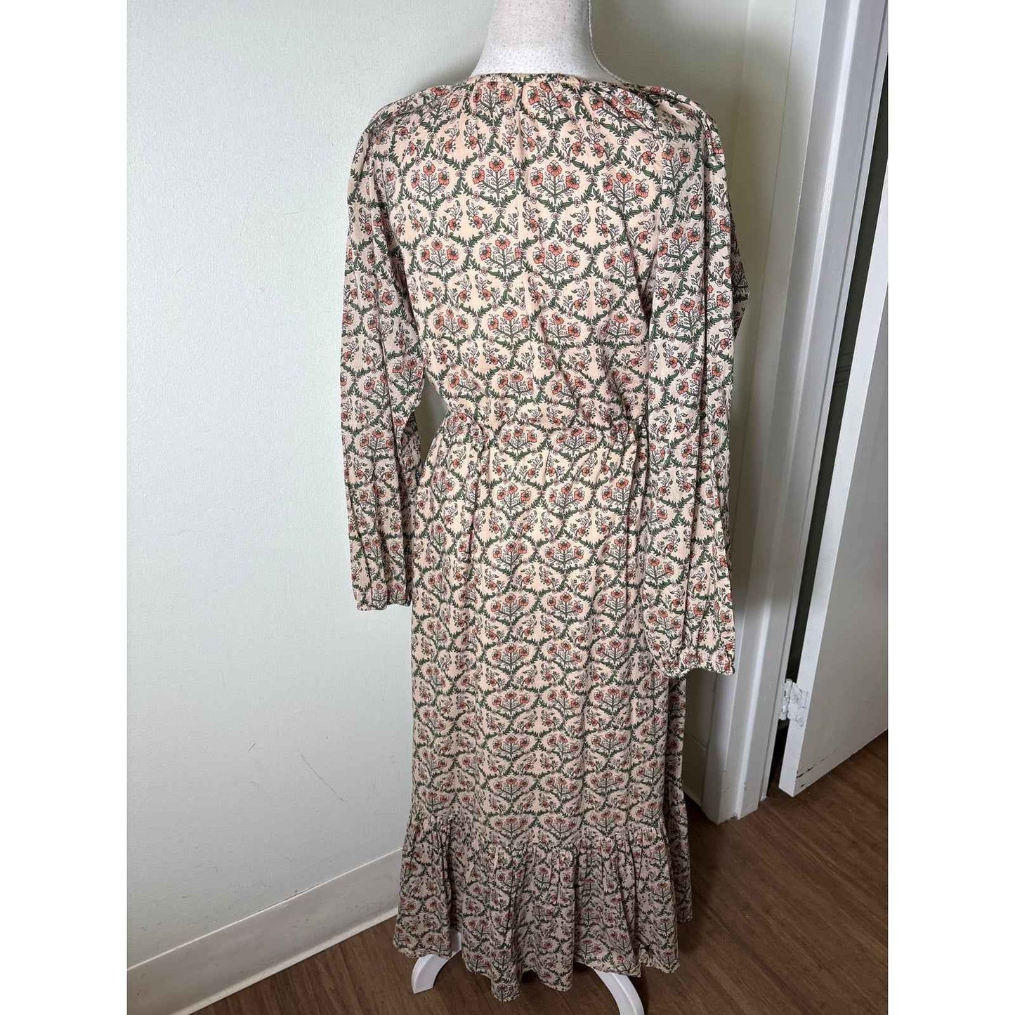 Roller Rabbit Tannish Pink Floral Long Sleeve Cotton Maxi Dress Sz S