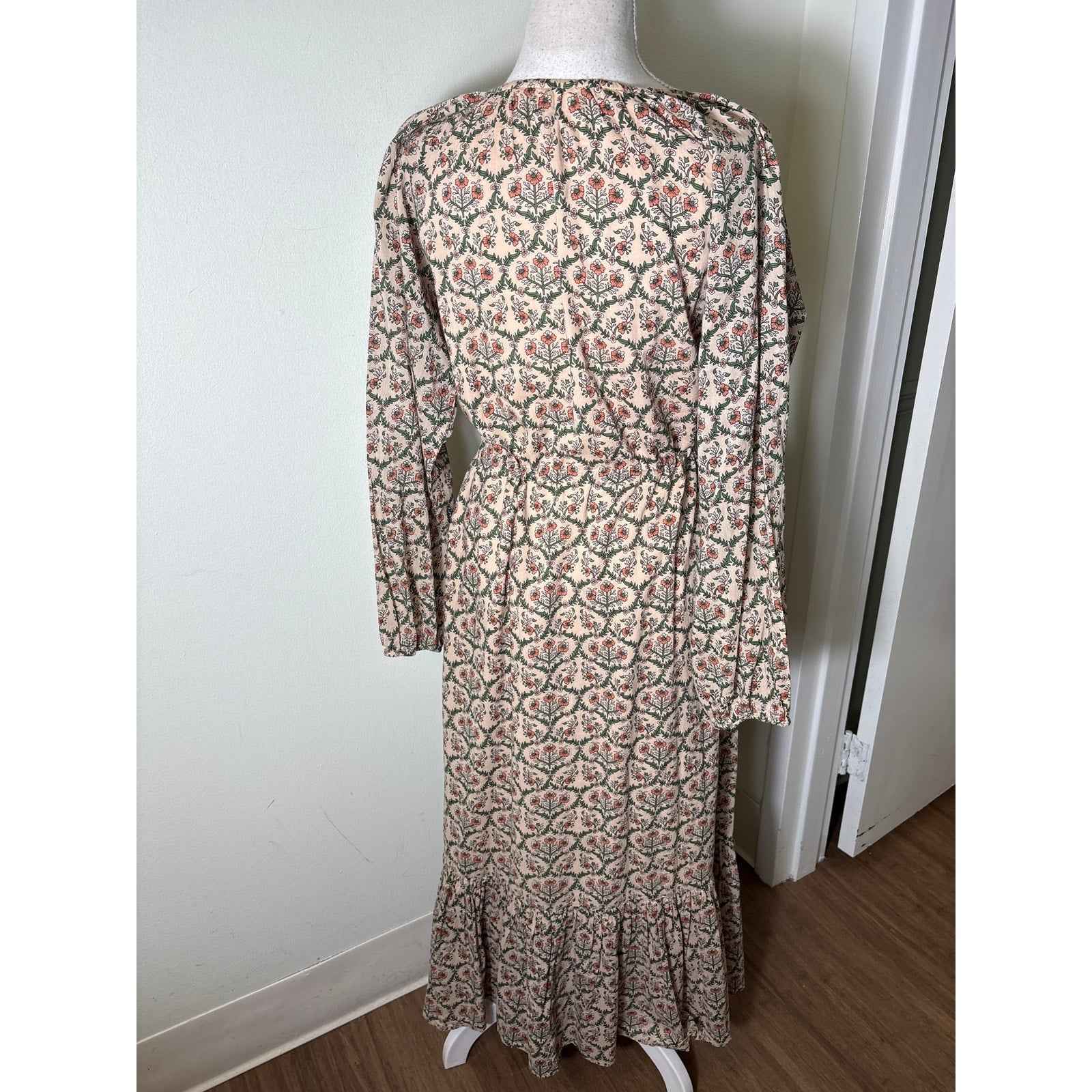 Roller Rabbit Tannish Pink Floral Long Sleeve Cotton Maxi Dress Sz S