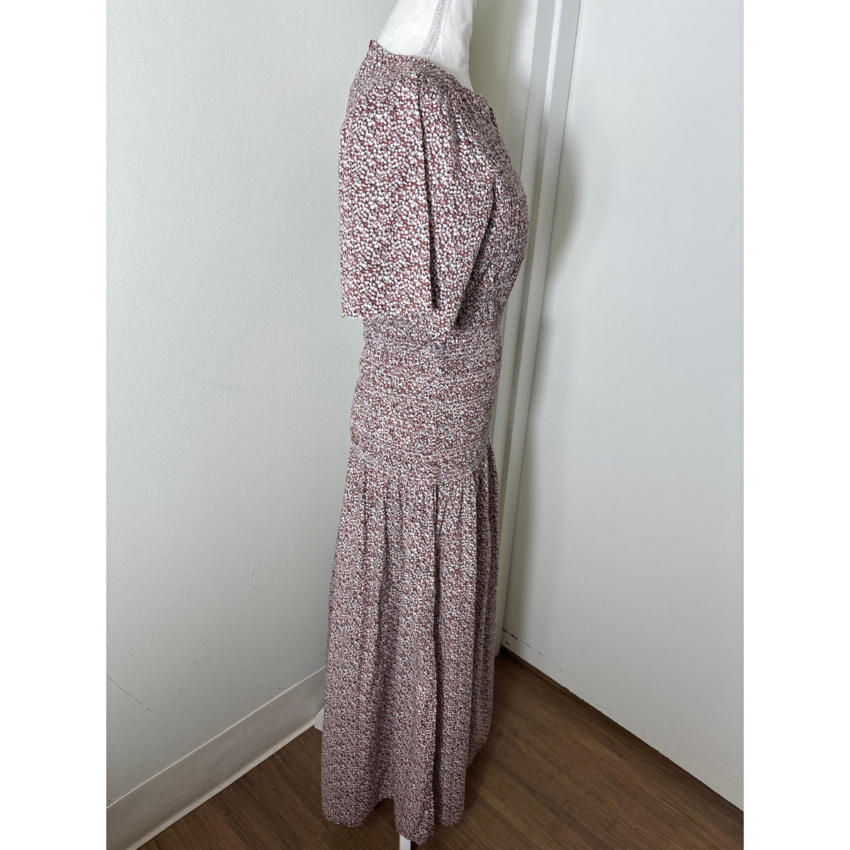 Apiece Apart Brown and White Floral Smocked Bodice Short Sleeve Maxi Dress Sz S