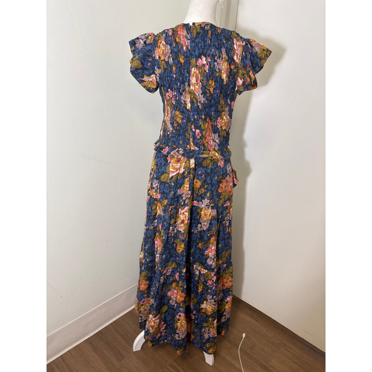 Sea New York Blue Floral Flutter Sleeve Smocked Maxi Dress Sz 8