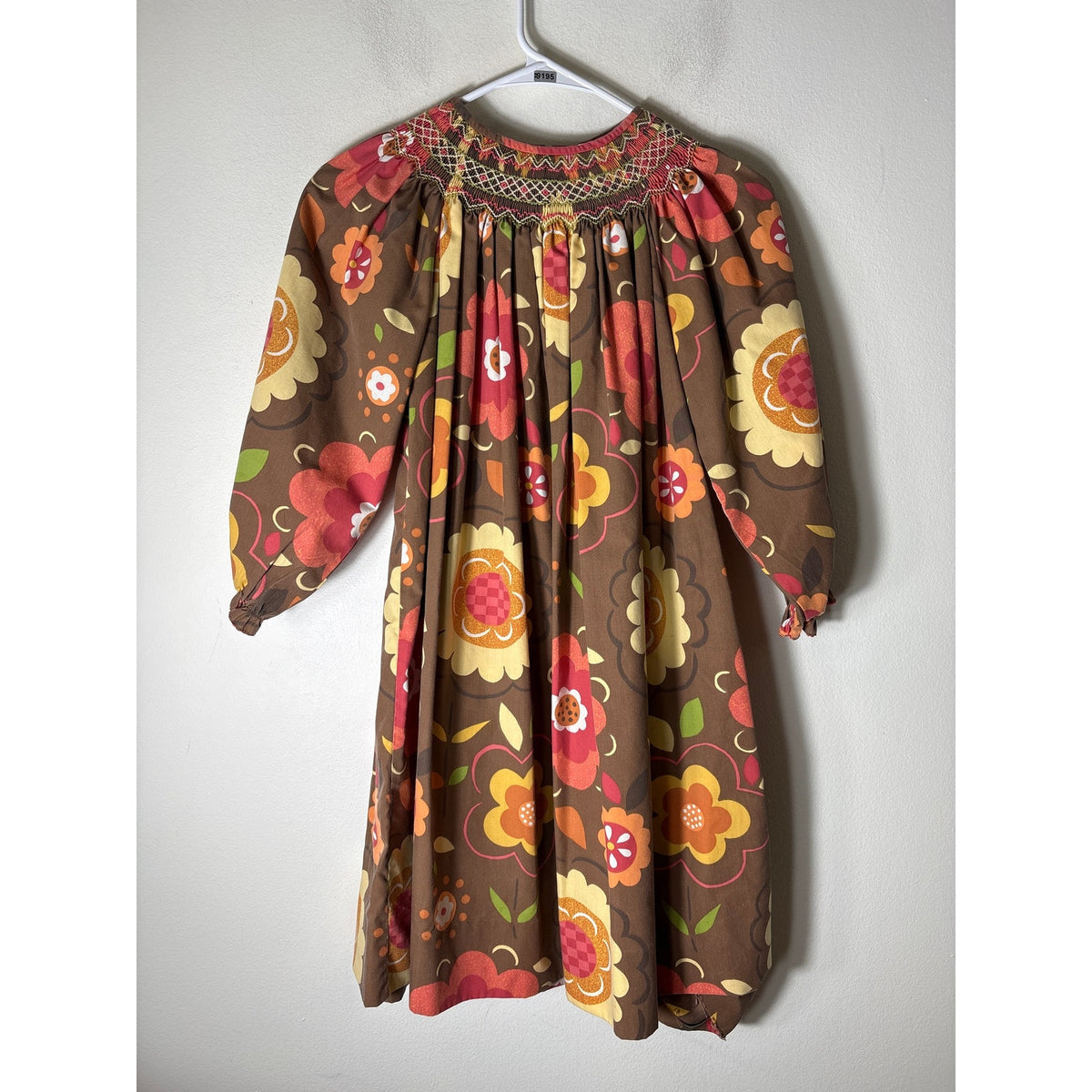 Girls Vintage Le'Za Me Brown, Red,Orange&Yellow Smocked Long SLeeve Dress Sz 7