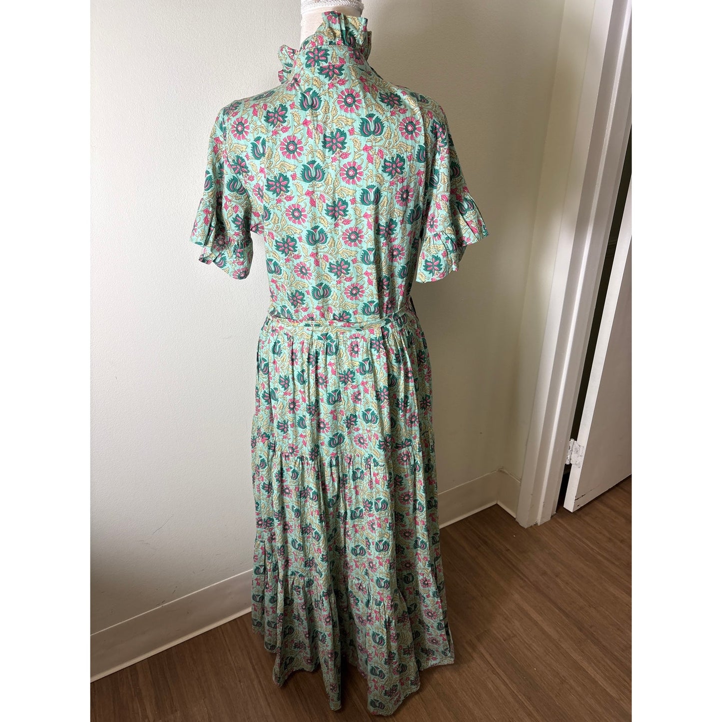 Millie Pink and Green Block Print Ruffled Maxi Dress Sz S