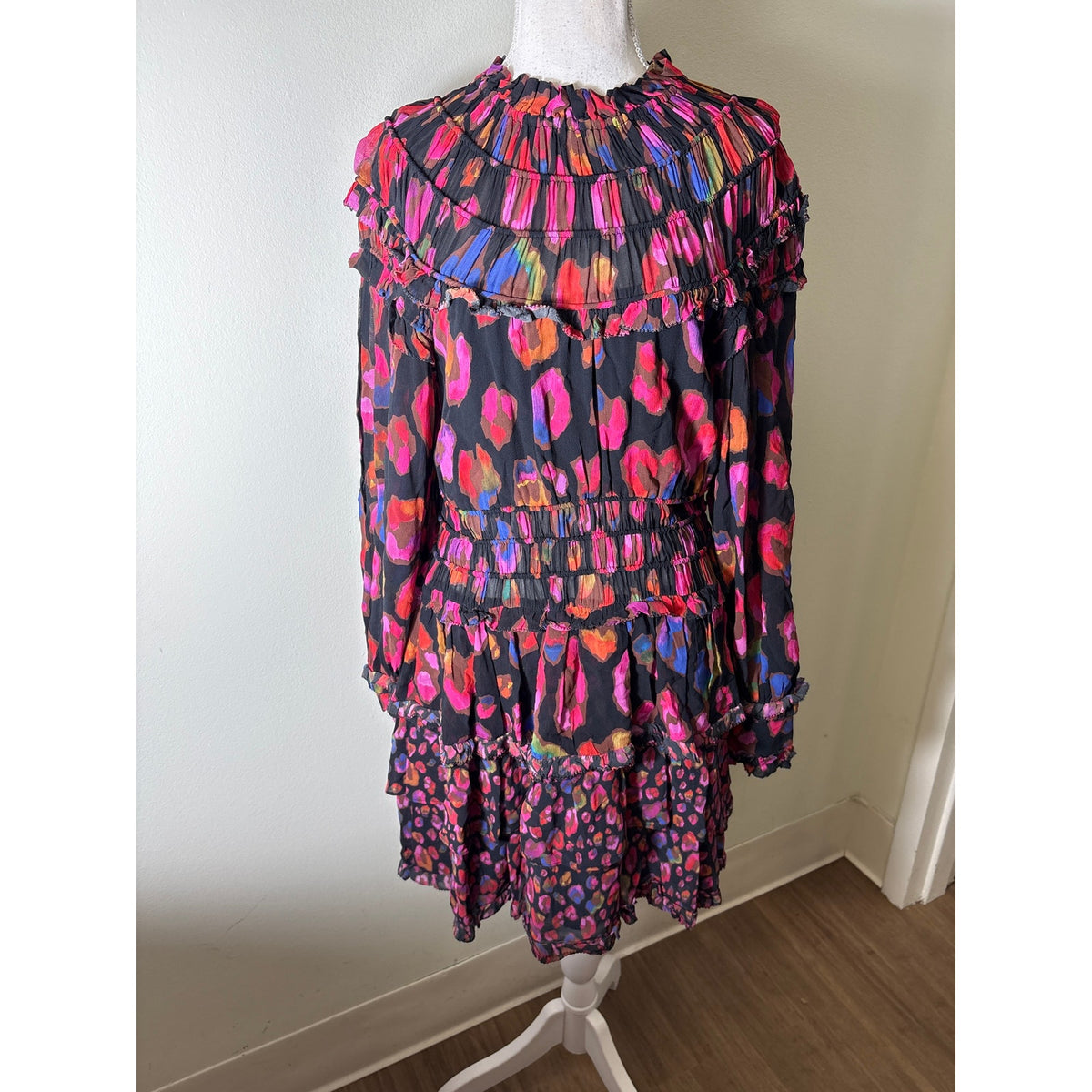 Farm Rio Black and Pink Long Sleeve Tiered Mini Dress Sz S