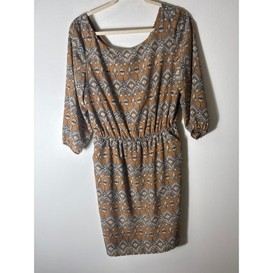 Cremieux Tan Black Print 3/4 Sleeve Wide Neck Knee Length Dress Sz M