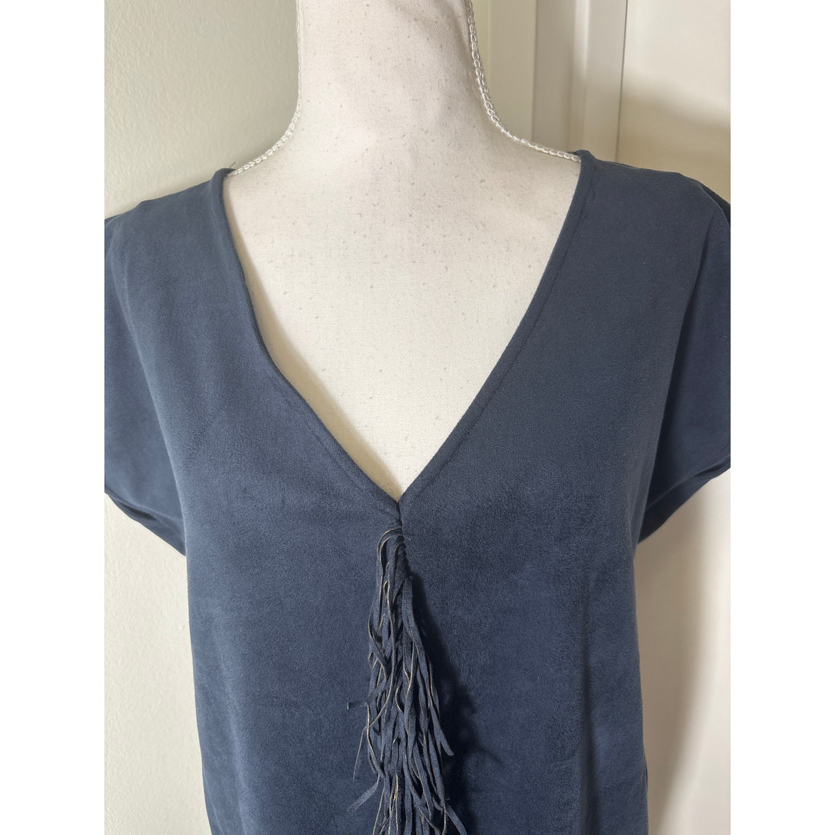 Marie Oliver Navy Faux Suede Fringed Front Dress Sz M