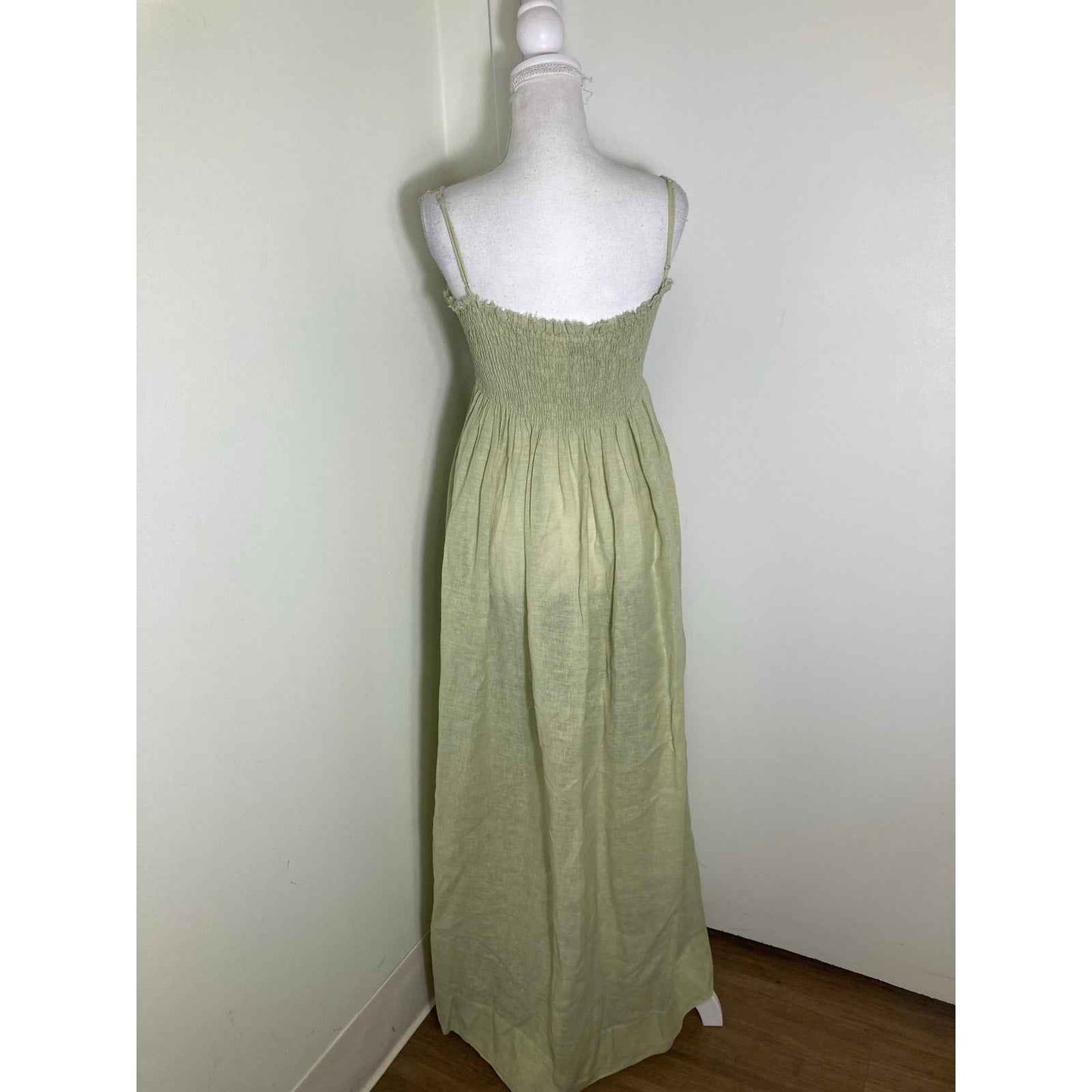 Three Graces Sage Green Smocked Maxi Linen Dress Sz10