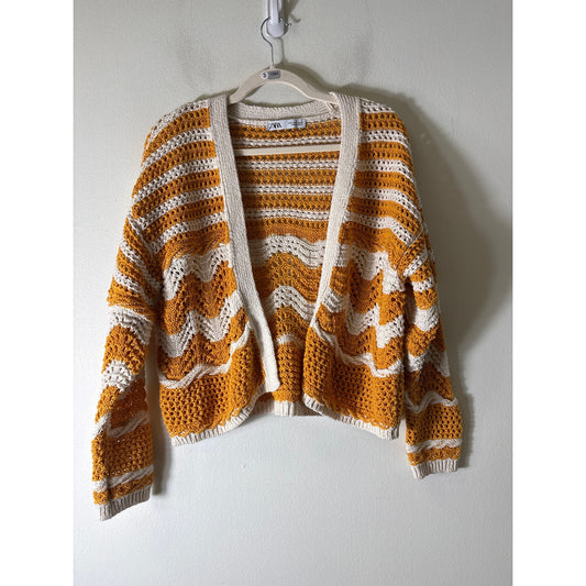 Zara Crochet Orange and Beige Stripe Open Cardigan Sz 6