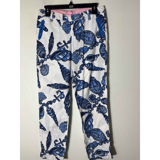Lilly Pulitzer Blue White Shell Print Cotton Ankle Pants Sz 2