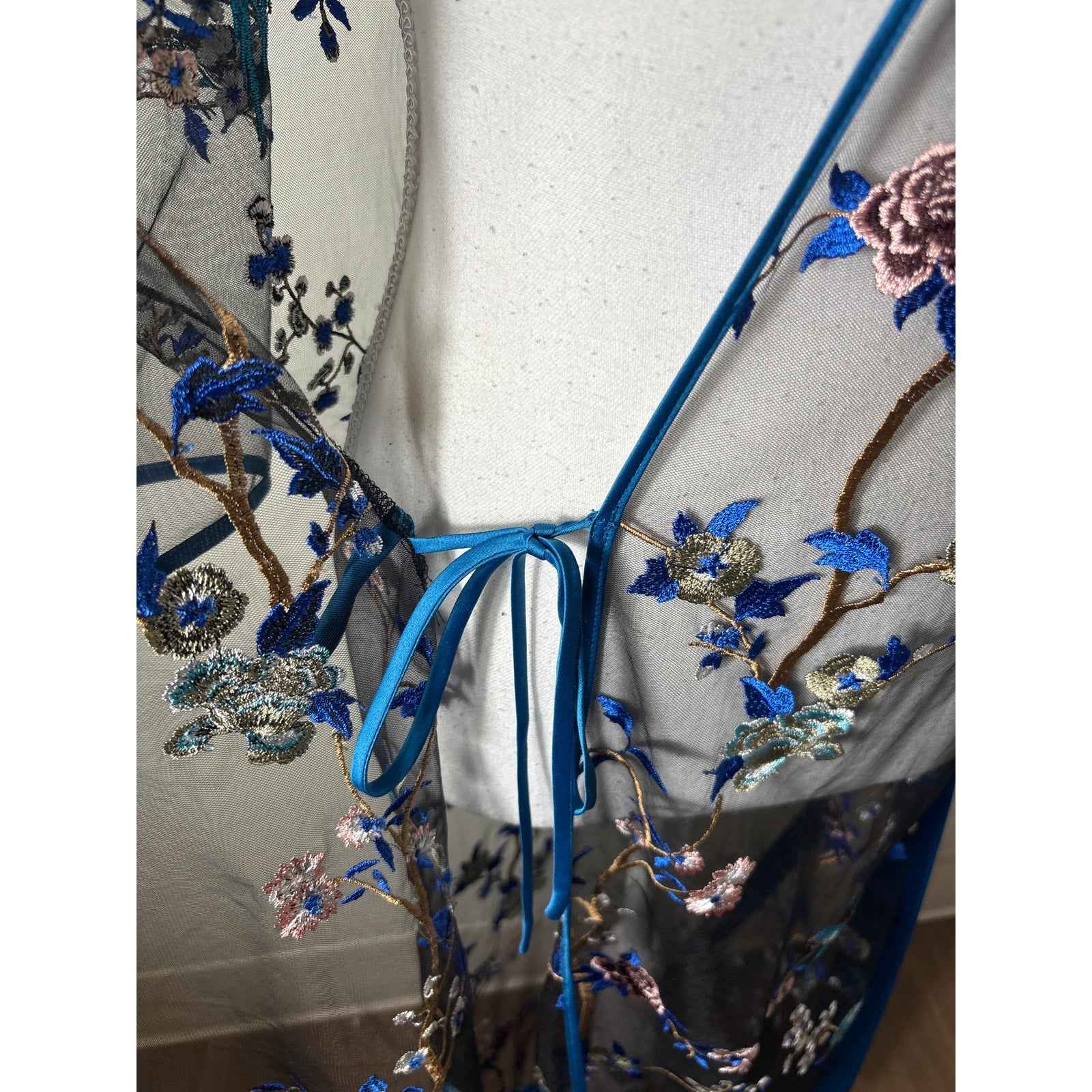 Rya Collection Black Blue Embroidered Sheer Robe Sz XS/S