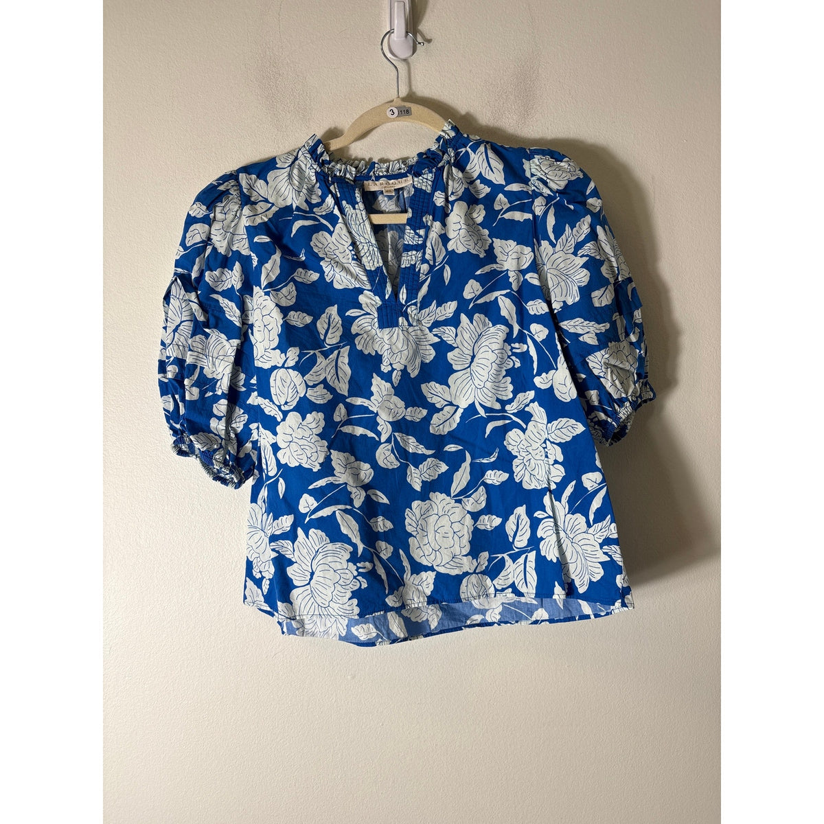 La Roque Blue and white Half Puff Sleeve Cotton Top Sz XS