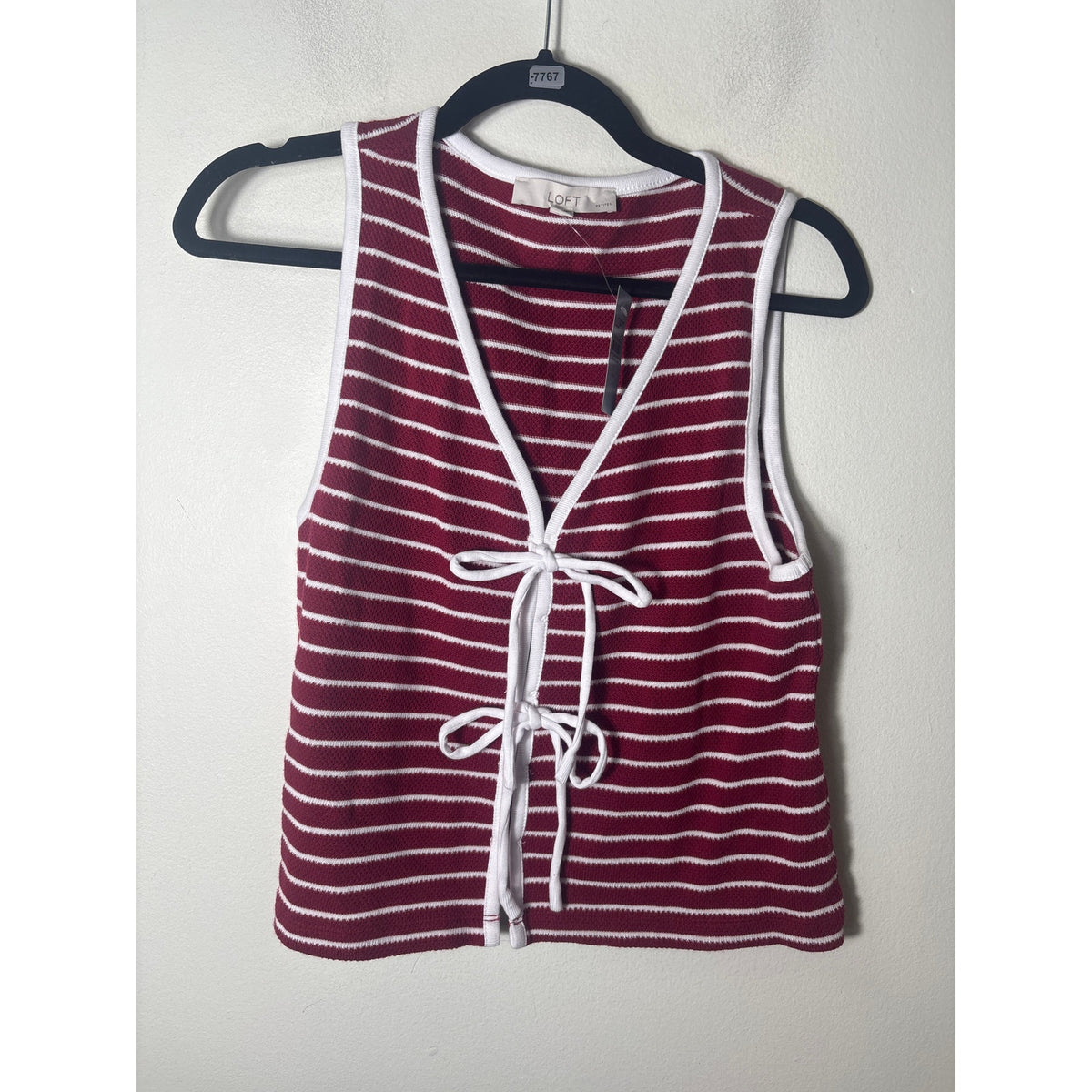 NWT Loft Brick red and White Stripe Sleeve Top Sz S