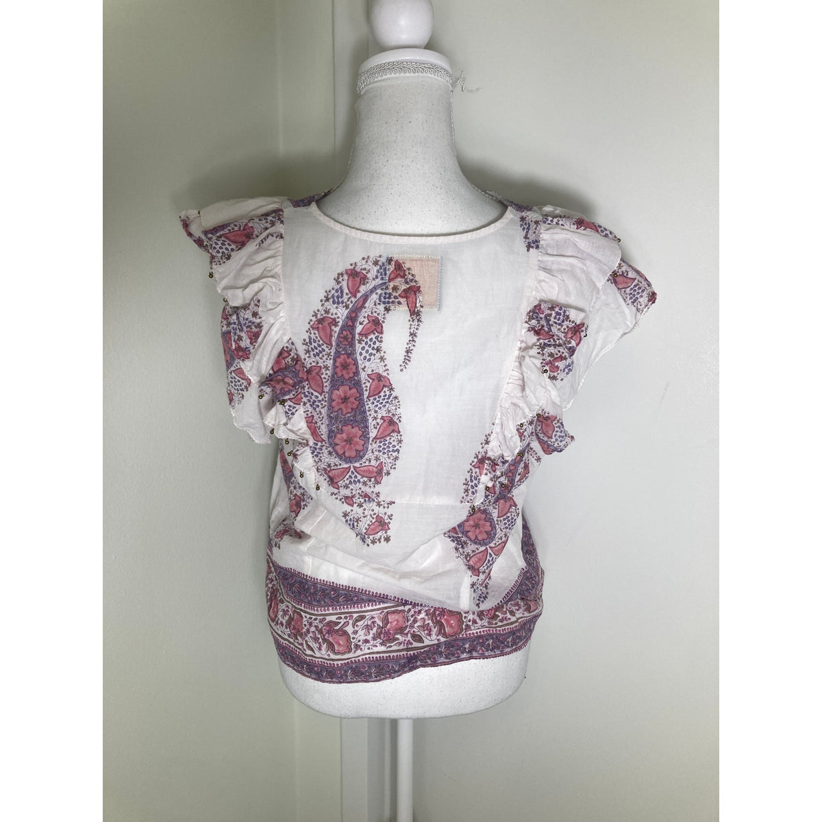 Bell White with Pink and Lavendar Block Print Top Sz M