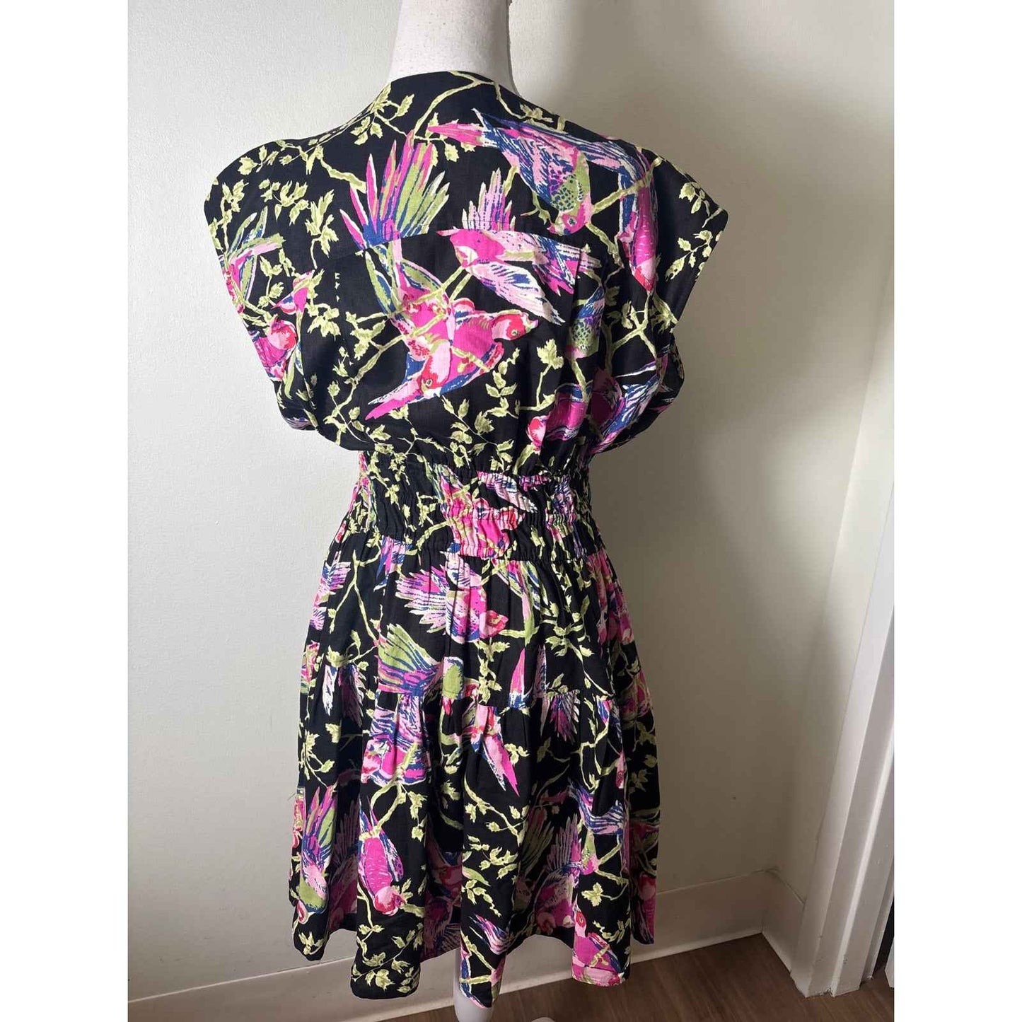 Derek Lam IO Crosby Black Pink Birds Cap Sleeve Knee Length Dress Sz 6
