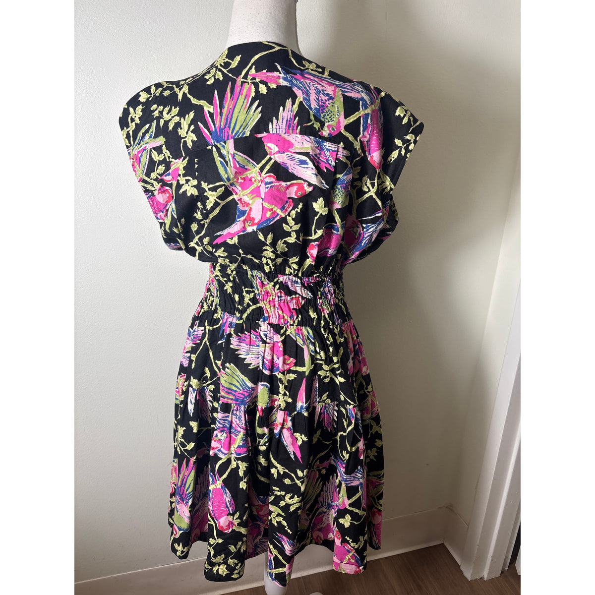 Derek Lam IO Crosby Black Pink Birds Cap Sleeve Knee Length Dress Sz 6