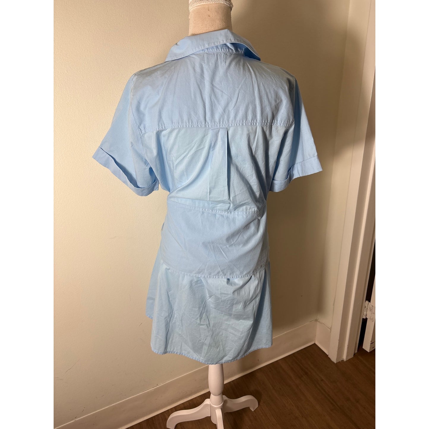 Nation Light Blue V Neck Button Up Cotton Shirt Dress Sz M