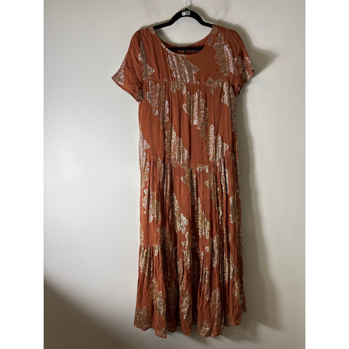 Anthropologie Metallic Gold Thread and Orange Maxi Dress S