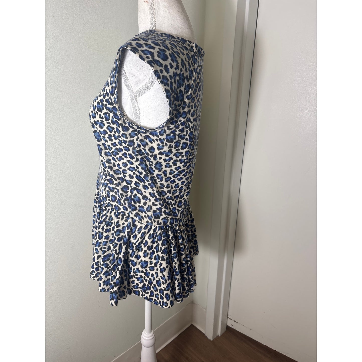 Rebecca Taylor Blue Cheetah Print Cap Sleeve Ruffle Hem Sz S