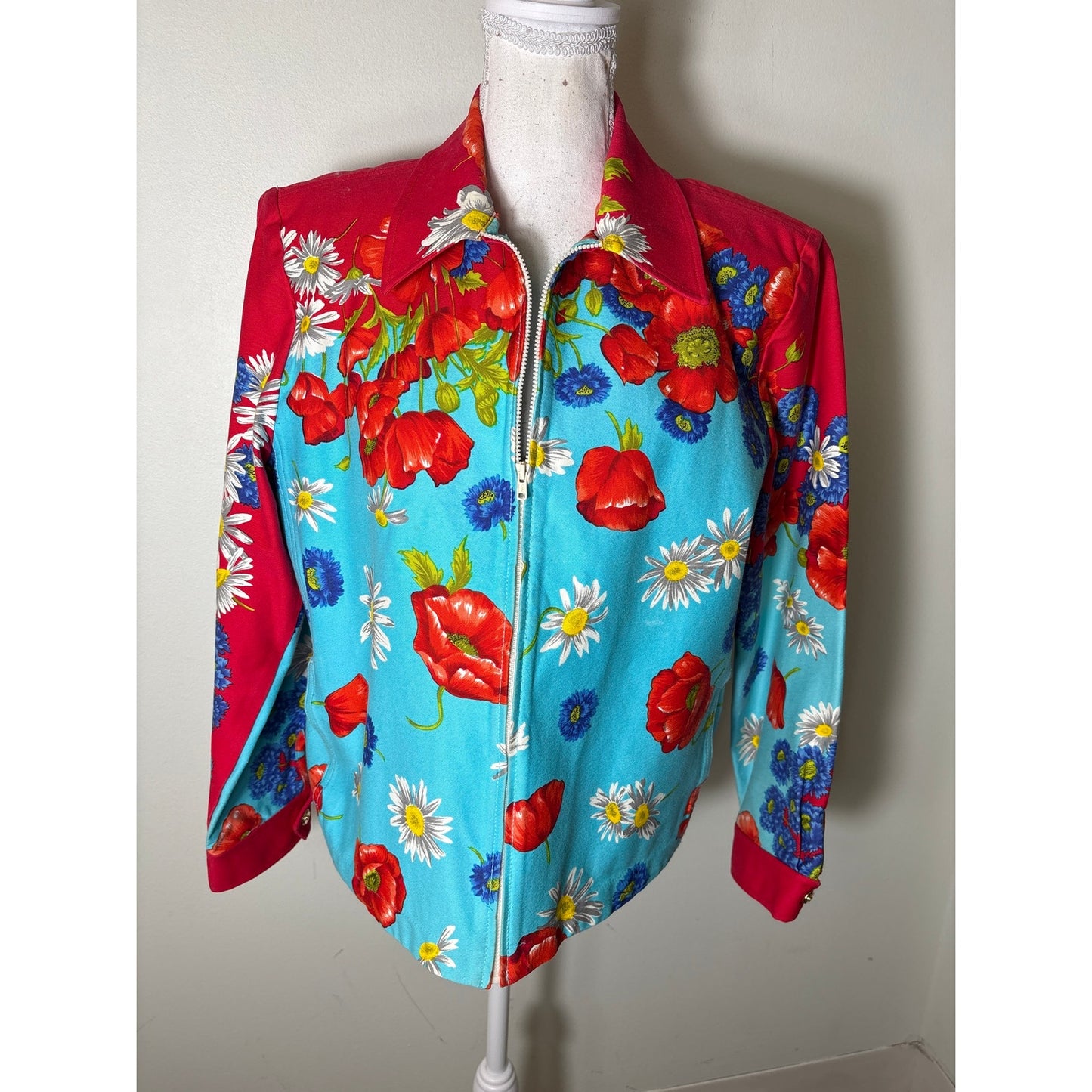 Vintage St. John Sport Teal Red Floral Long Sleeve Zip Up Jacket Sz M