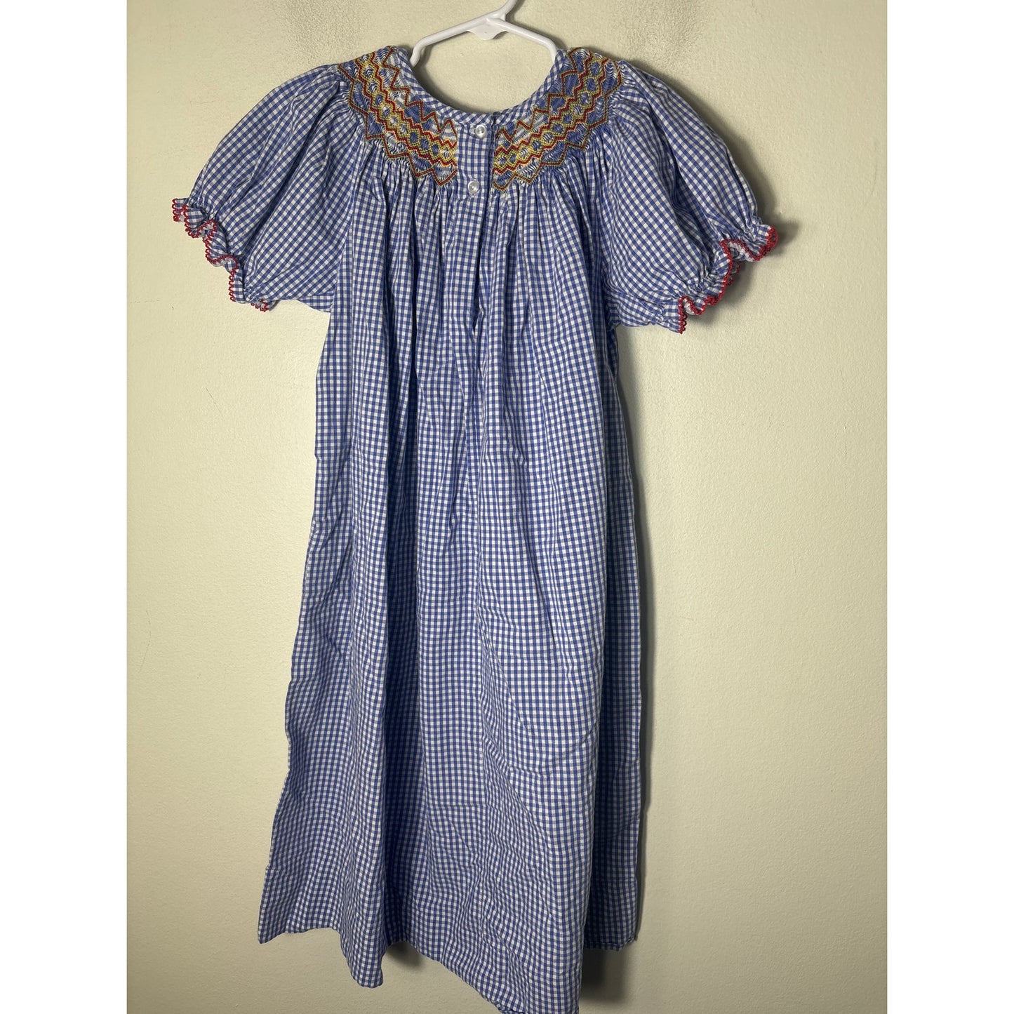 Girls Vintage Blue&White Check puff sleeve Dress Smocked Sz 6x