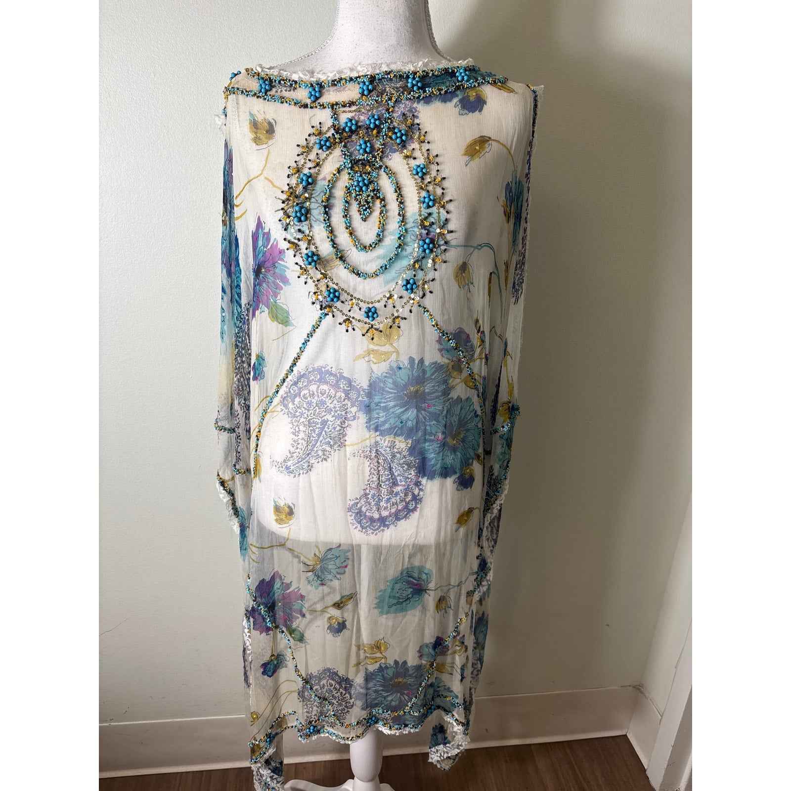 Deepa Gurnani Sheer Floral Intricately Beaded Cover Up OS