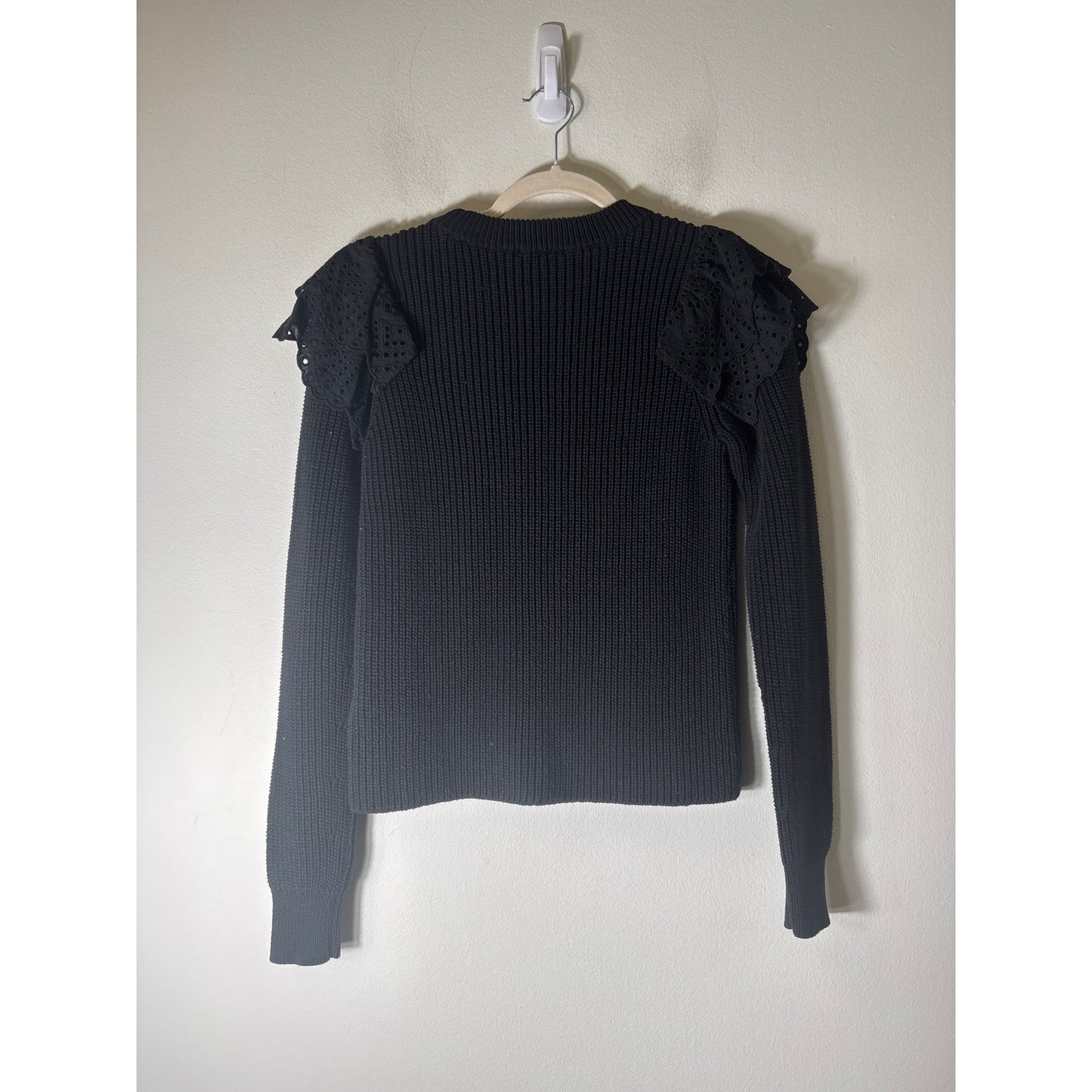 Lilla P Black Sweater With Eylet Ruffled Shoulder Sz S