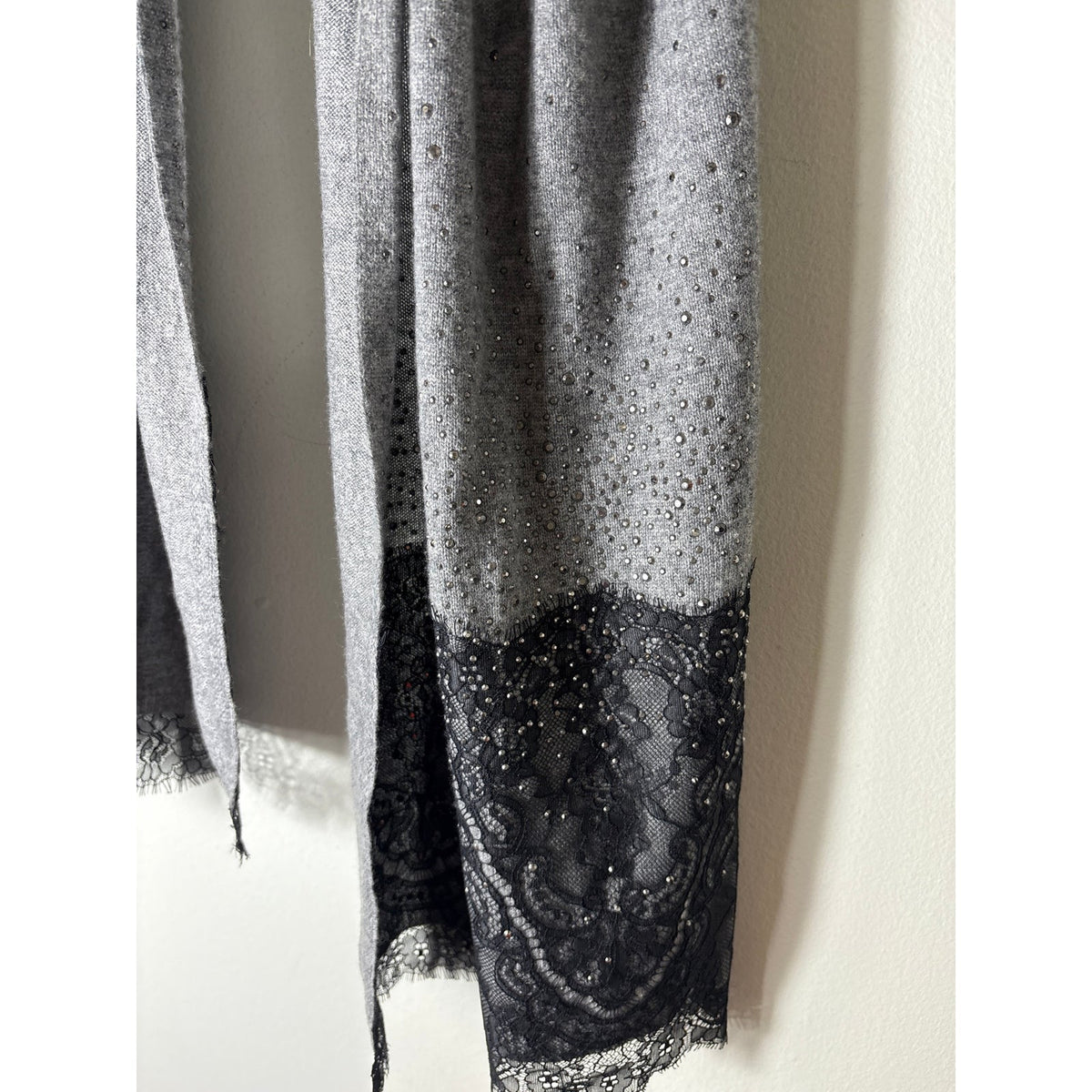 Gorgeous Gray Cashmere Beaded and Lace Scarf