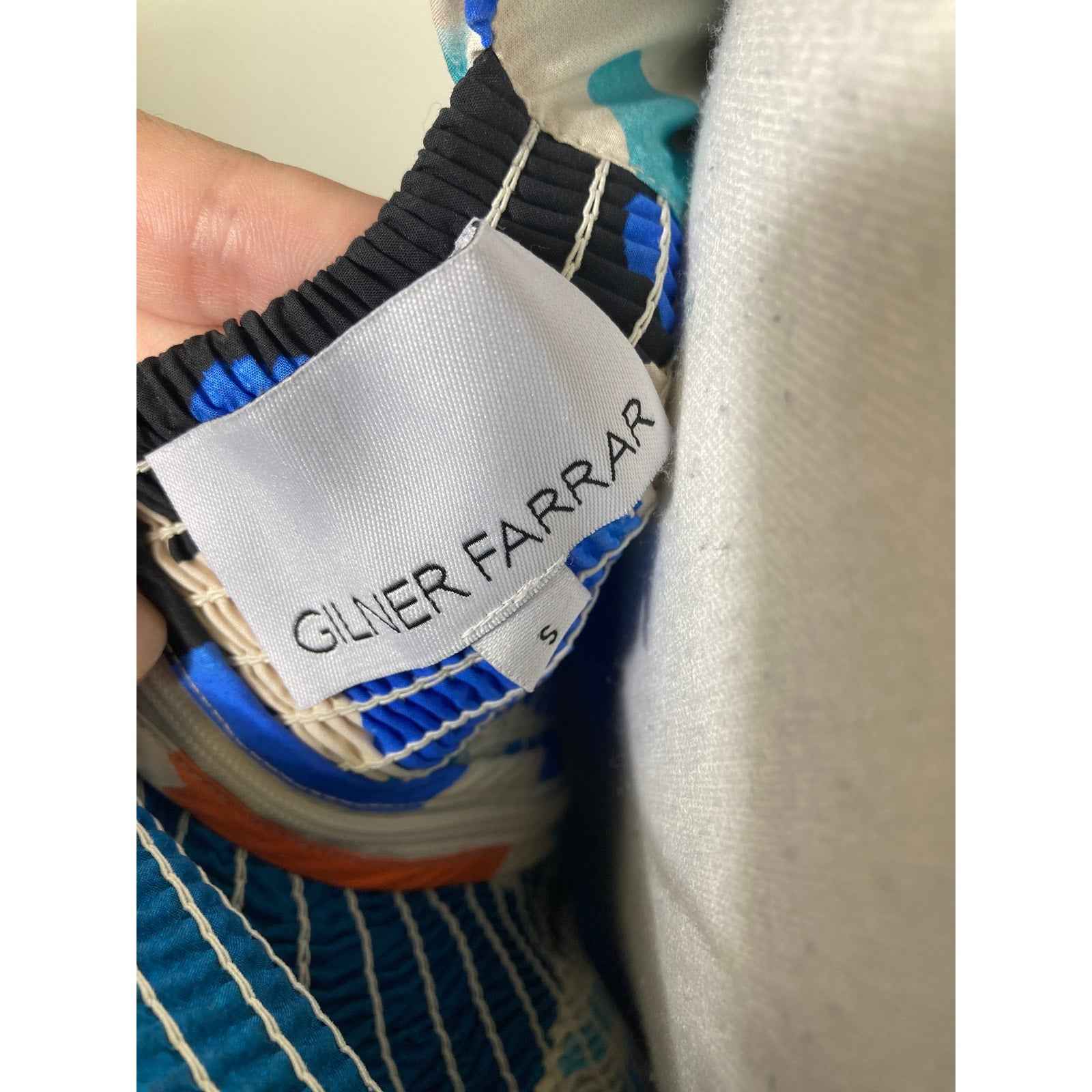 Gilner Farrar Puff Sleeves Blue and Orange Watercolor Peplum Shirt Sz S