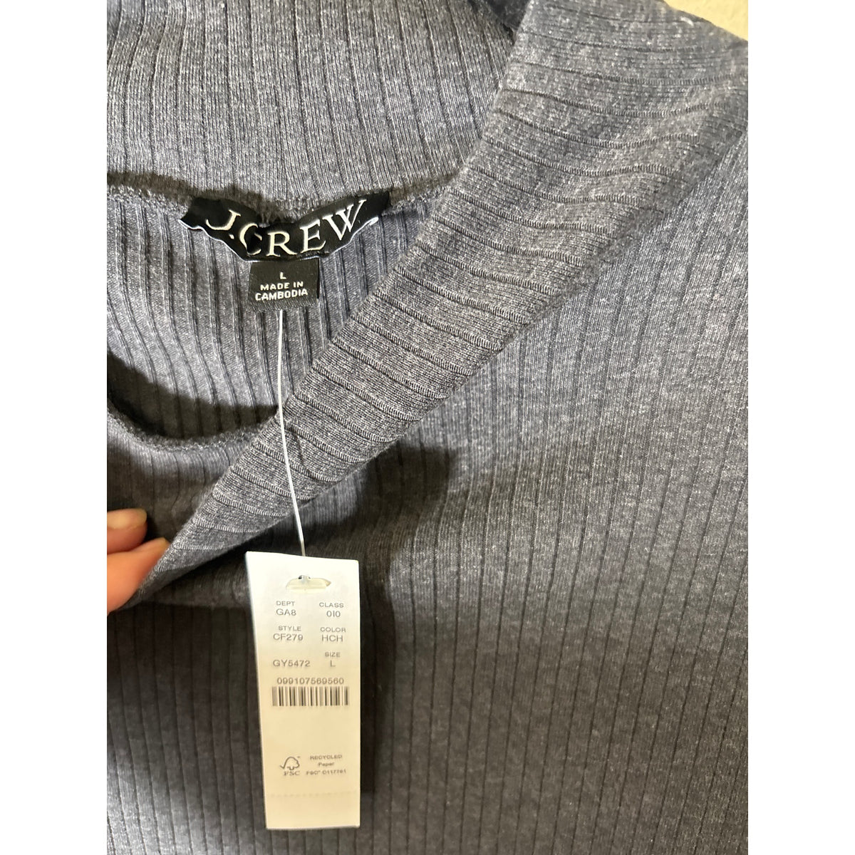 NWT J. Crew Charcoal Gray Ribbed Long Sleeve Sz L