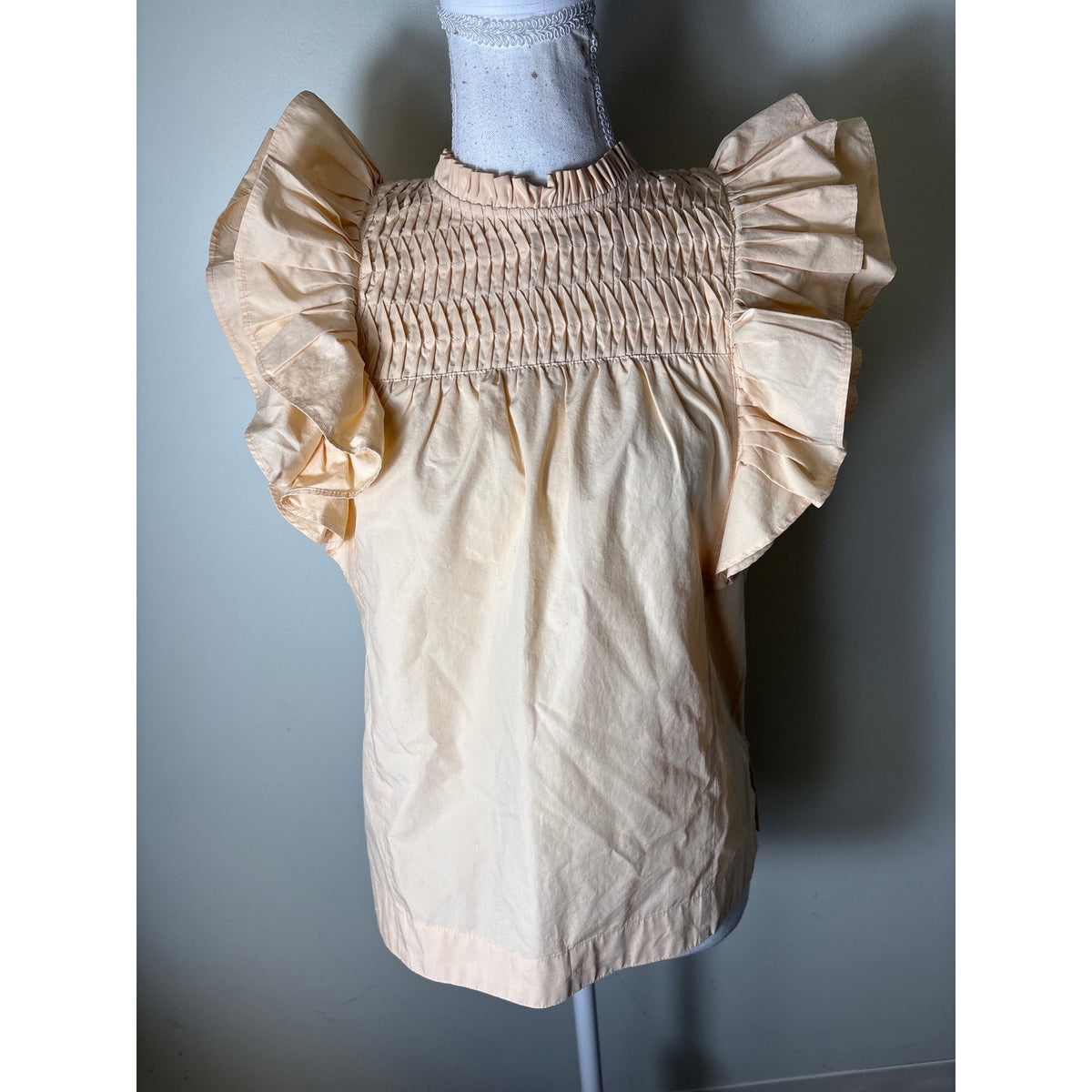 Magali Pascal Peach Cotton Flutter Sleeve Smocked Shirt Sz S